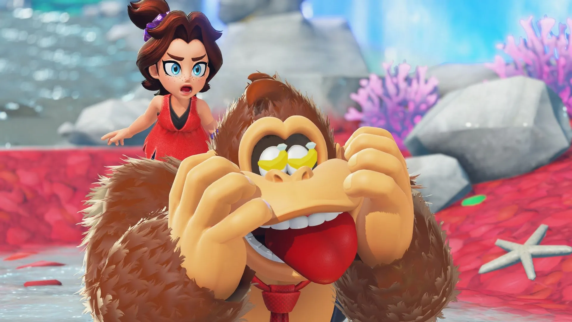 Giao diện gameplay sống động của Donkey Kong Bananza trên Nintendo Switch 2, thể hiện đồ họa đẹp và môi trường phiêu lưu đặc trưng