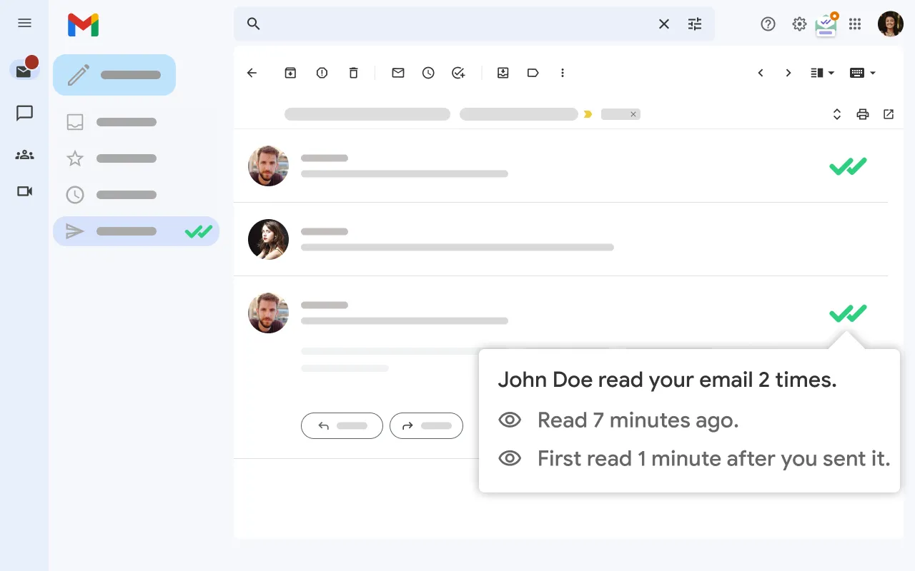 Giao diện Gmail với tiện ích Mailtrack hiển thị thông báo đã đọc (read receipt) cho một email đã gửi.