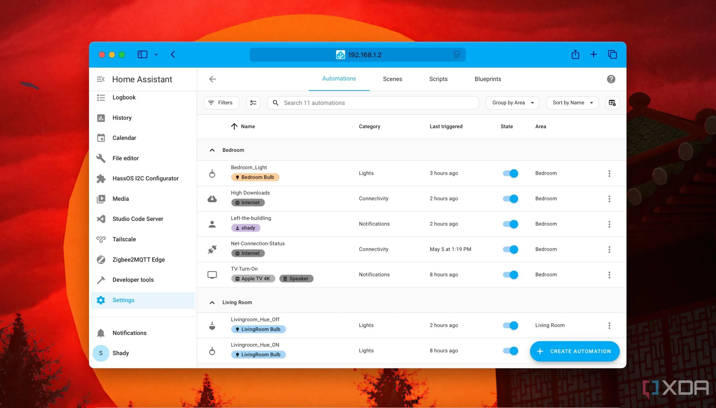 Giao diện Home Assistant hiển thị các tự động hóa được sắp xếp theo khu vực, minh họa sự dễ dàng cấu hình