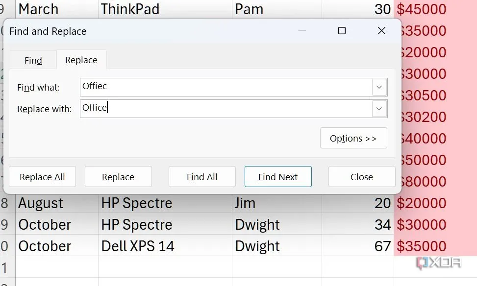 Giao diện hộp thoại &quot;Find &amp; Replace&quot; trong Excel với các trường &quot;Find what&quot; và &quot;Replace with&quot; đã nhập để sửa lỗi chính tả.