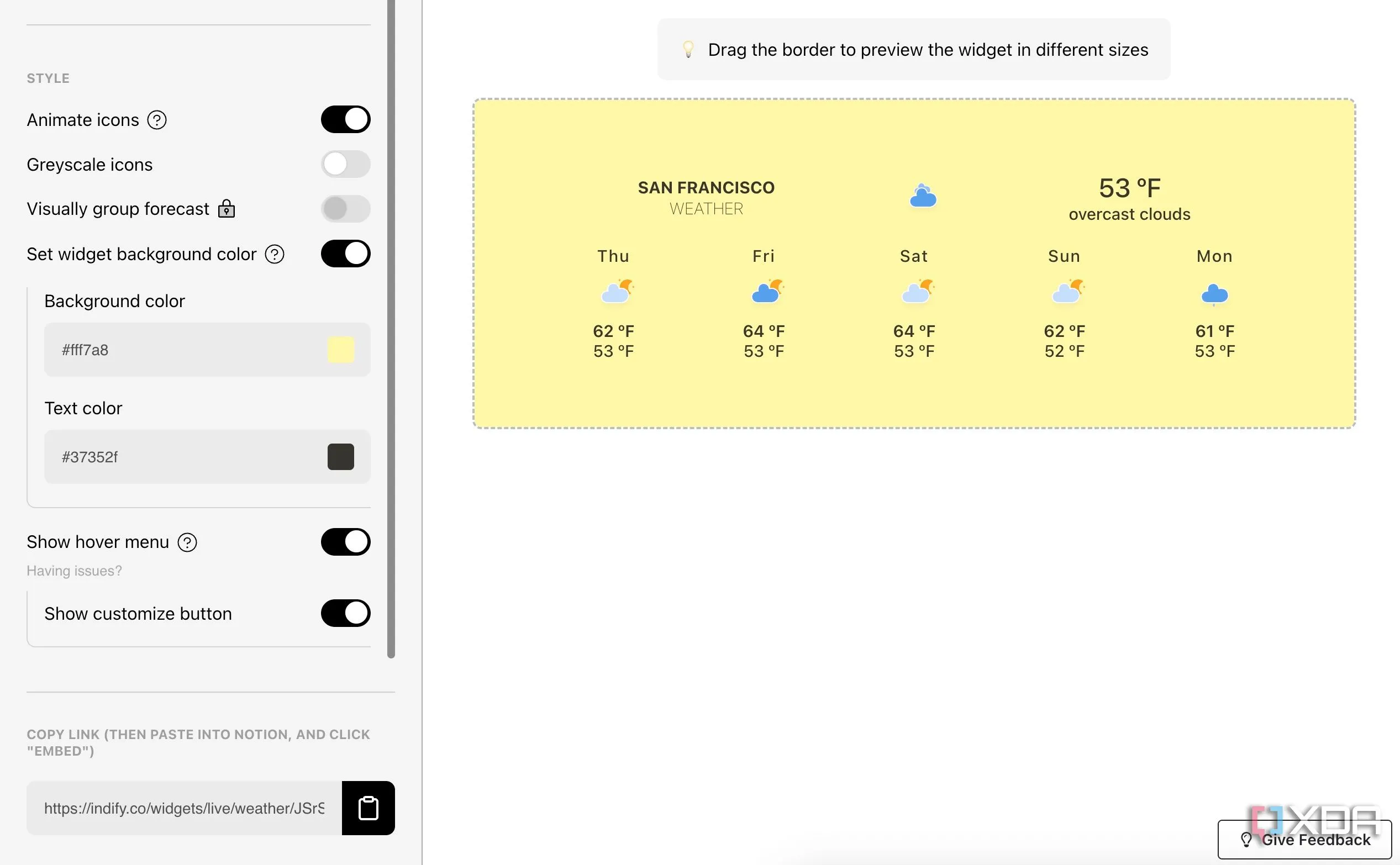 Giao diện Indify hiển thị các loại widget để thêm vào Notion, tập trung vào widget thời tiết.