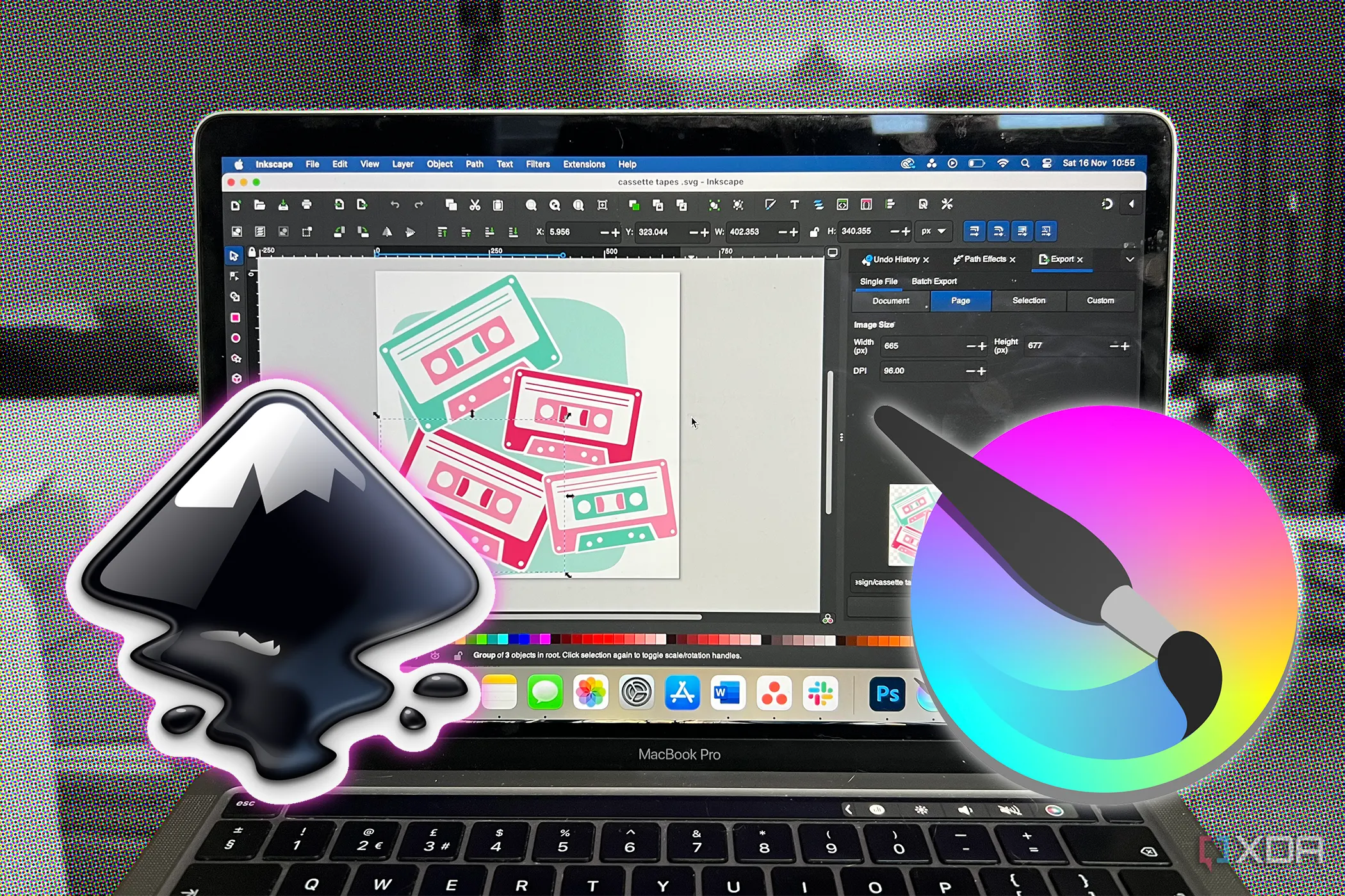 Giao diện Inkscape trên MacBook cùng với logo Krita, tượng trưng cho sự kết hợp mạnh mẽ của hai công cụ mã nguồn mở thay thế toàn diện cho Adobe Creative Cloud.