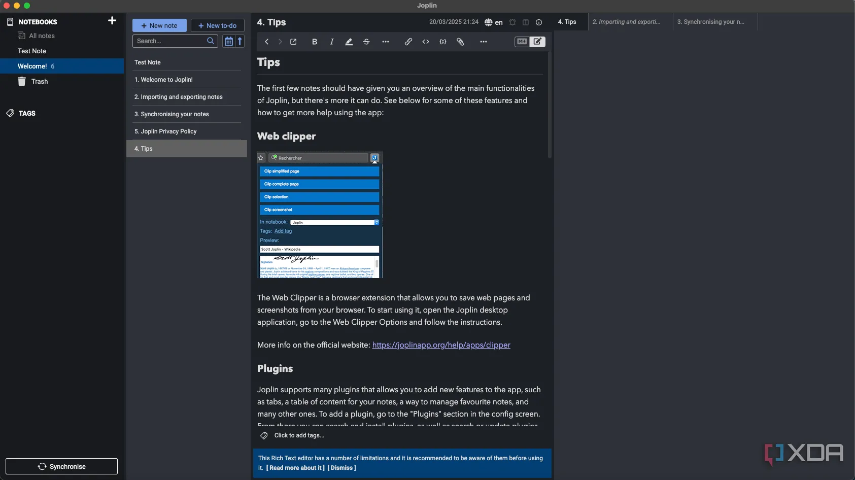 Giao diện Joplin với plugin Note Tabs giúp quản lý nhiều ghi chú cùng lúc