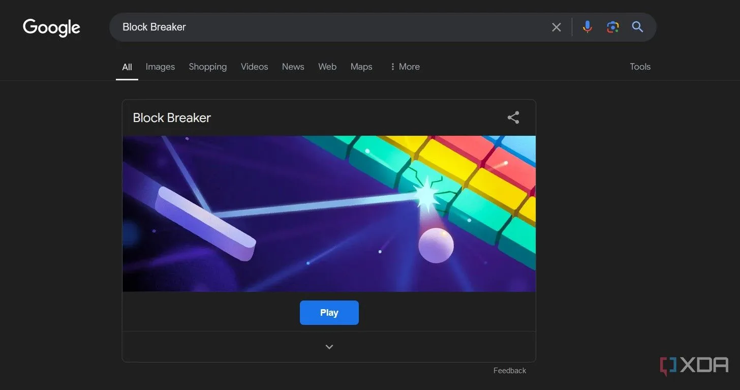 Giao diện kết quả tìm kiếm Google hiển thị game Block Breaker sẵn sàng để chơi, minh họa cách truy cập game Easter egg.