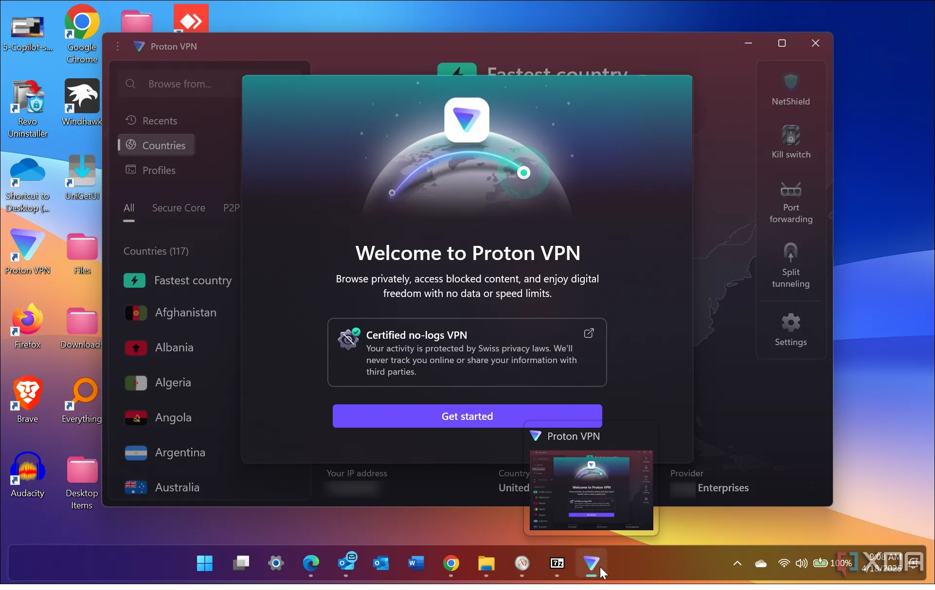 Giao diện khởi động Proton VPN trên máy tính hiển thị thông báo &quot;No logs&quot; và cam kết quyền riêng tư