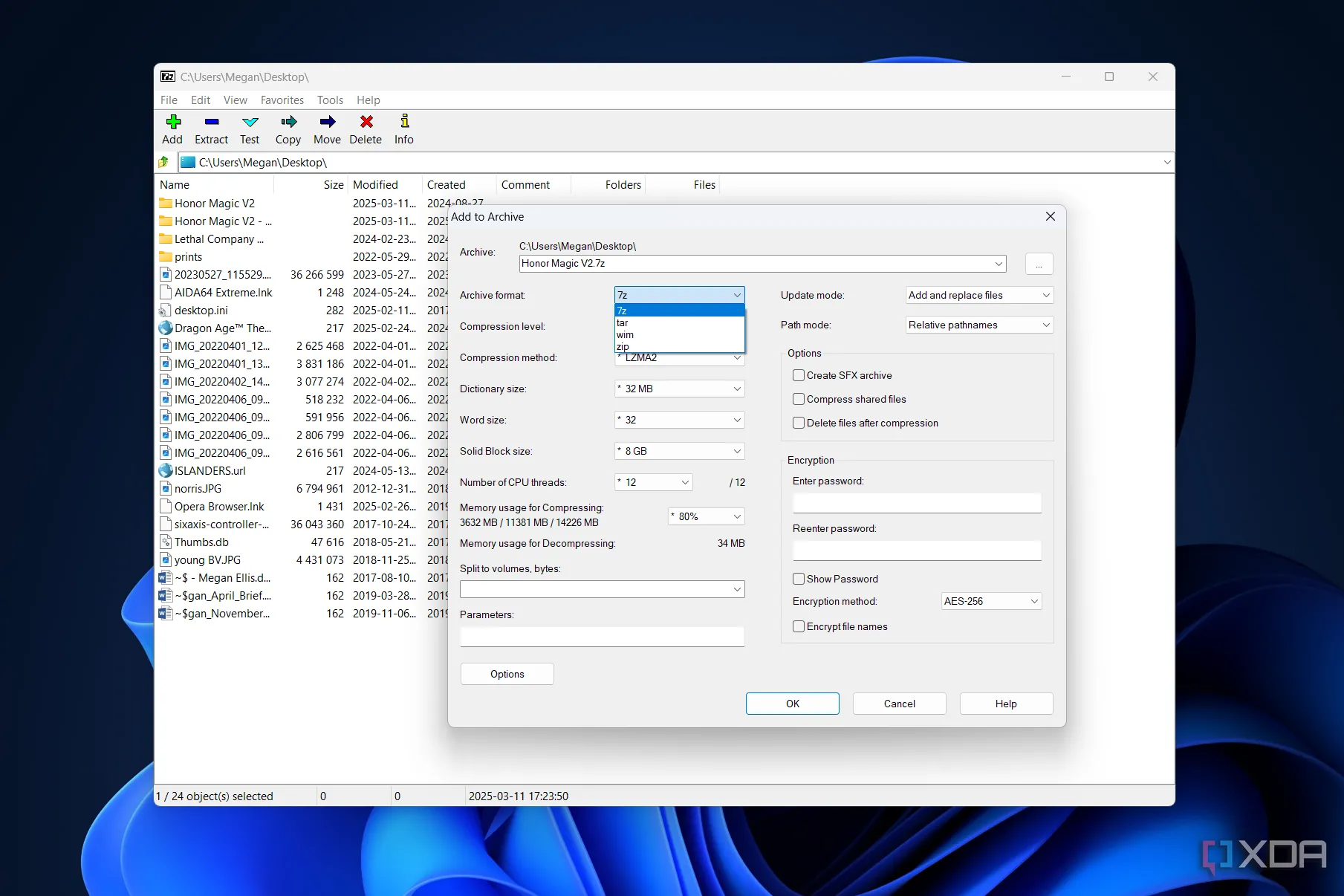 Giao diện lựa chọn định dạng nén file trong 7-Zip