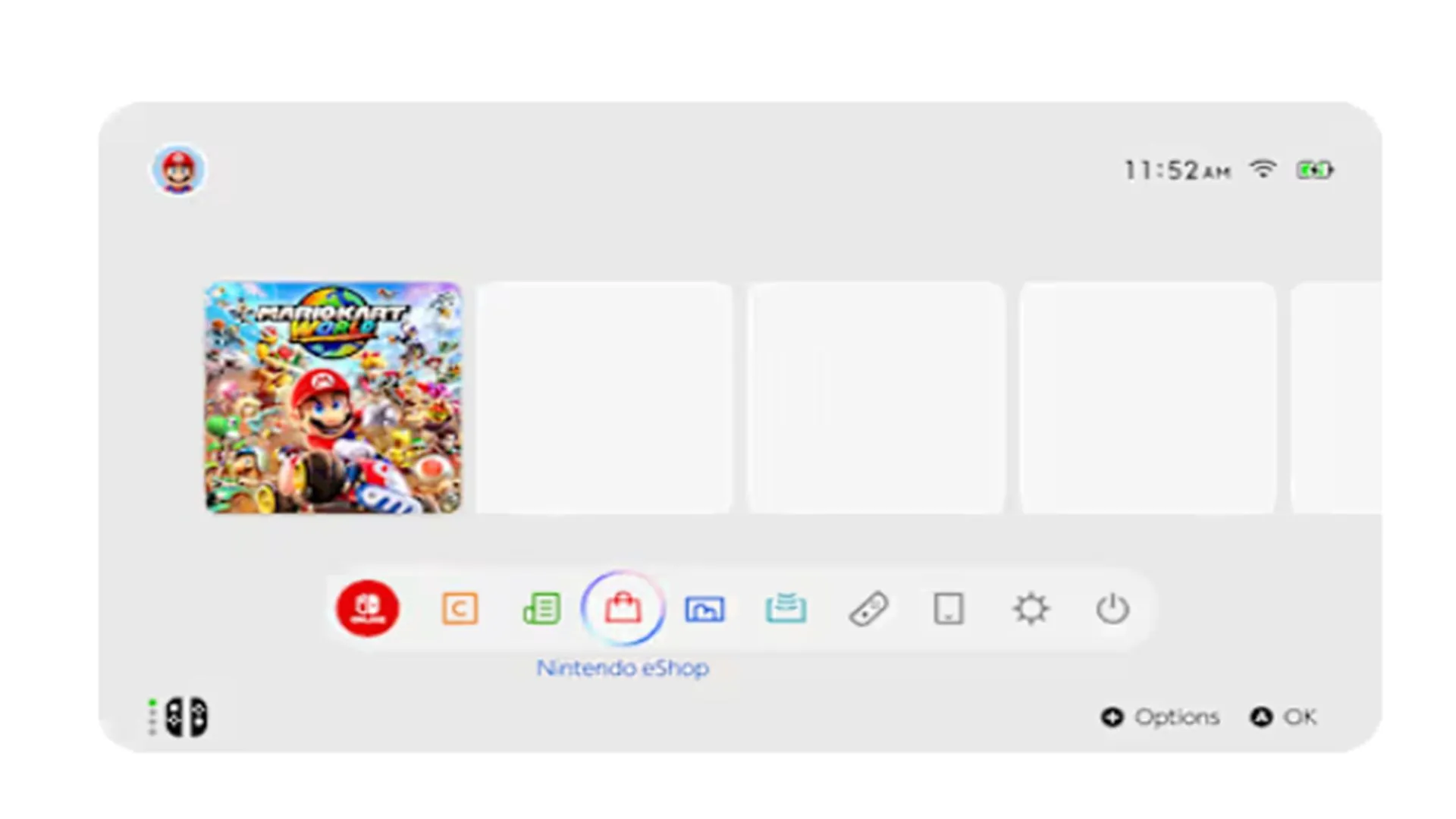 Giao diện màn hình chính của Nintendo Switch 2 với các ô trò chơi quen thuộc