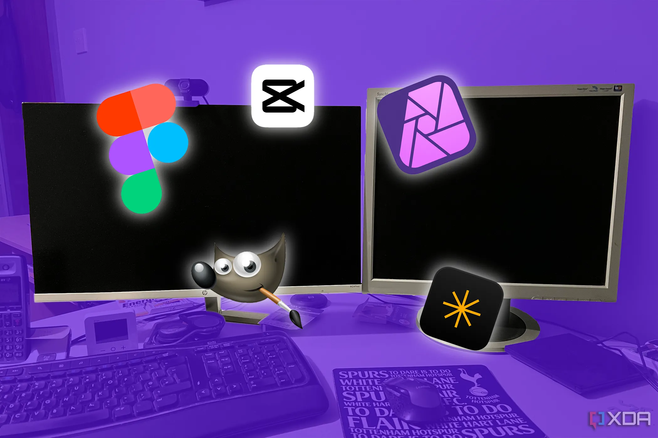 Giao diện máy tính với các biểu tượng phần mềm thay thế Adobe như DaVinci Resolve, Kdenlive, GIMP, Photopea, Picsart nổi bật.