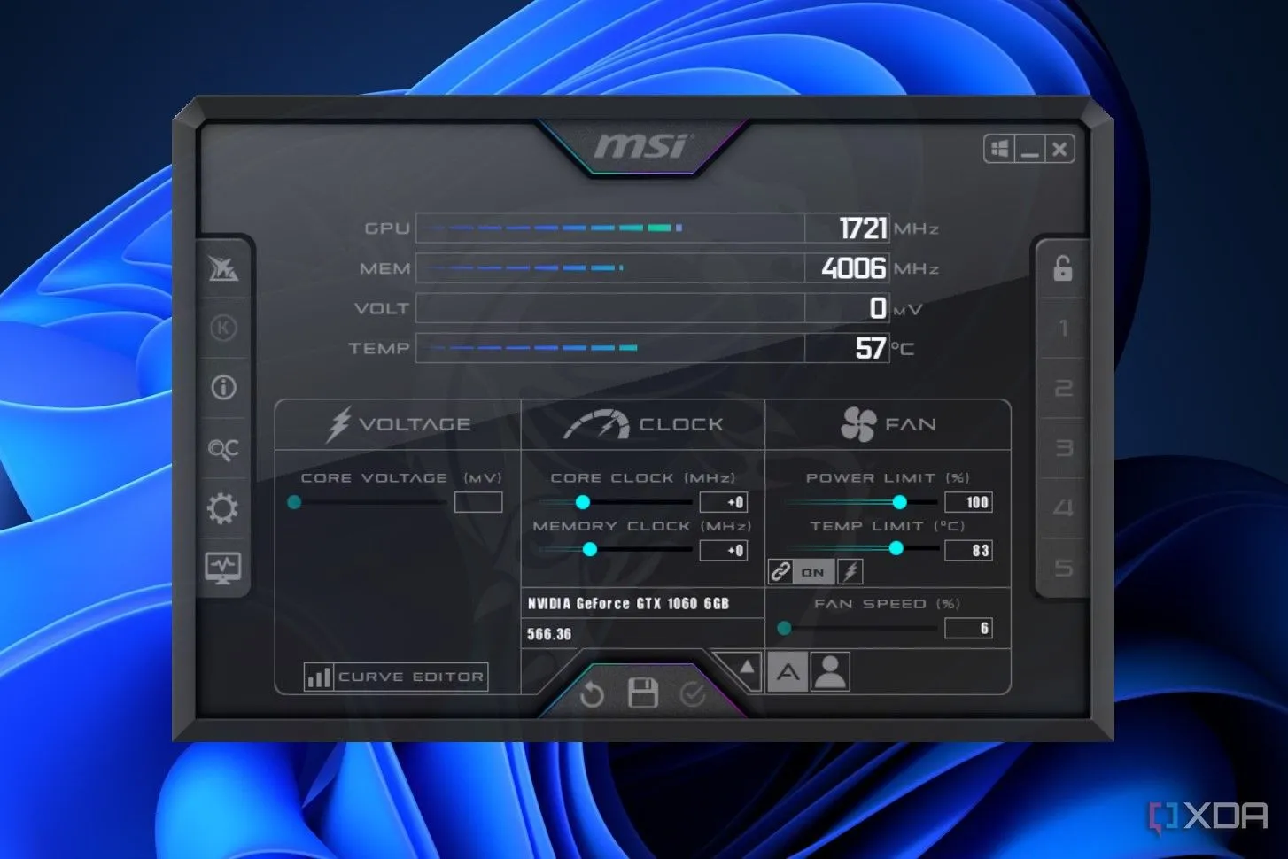 Giao diện menu chính của phần mềm MSI Afterburner hiển thị các tùy chọn giám sát và điều chỉnh hiệu năng phần cứng máy tính.