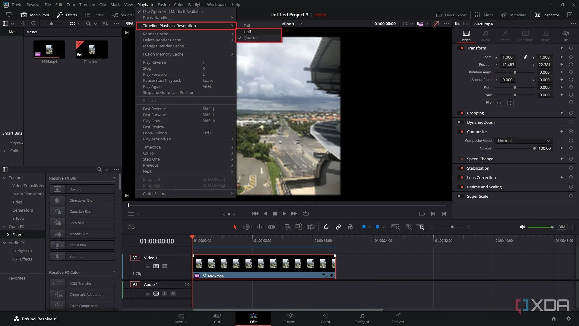 Giao diện menu giảm độ phân giải phát lại trong DaVinci Resolve để xem trước mượt mà hơn