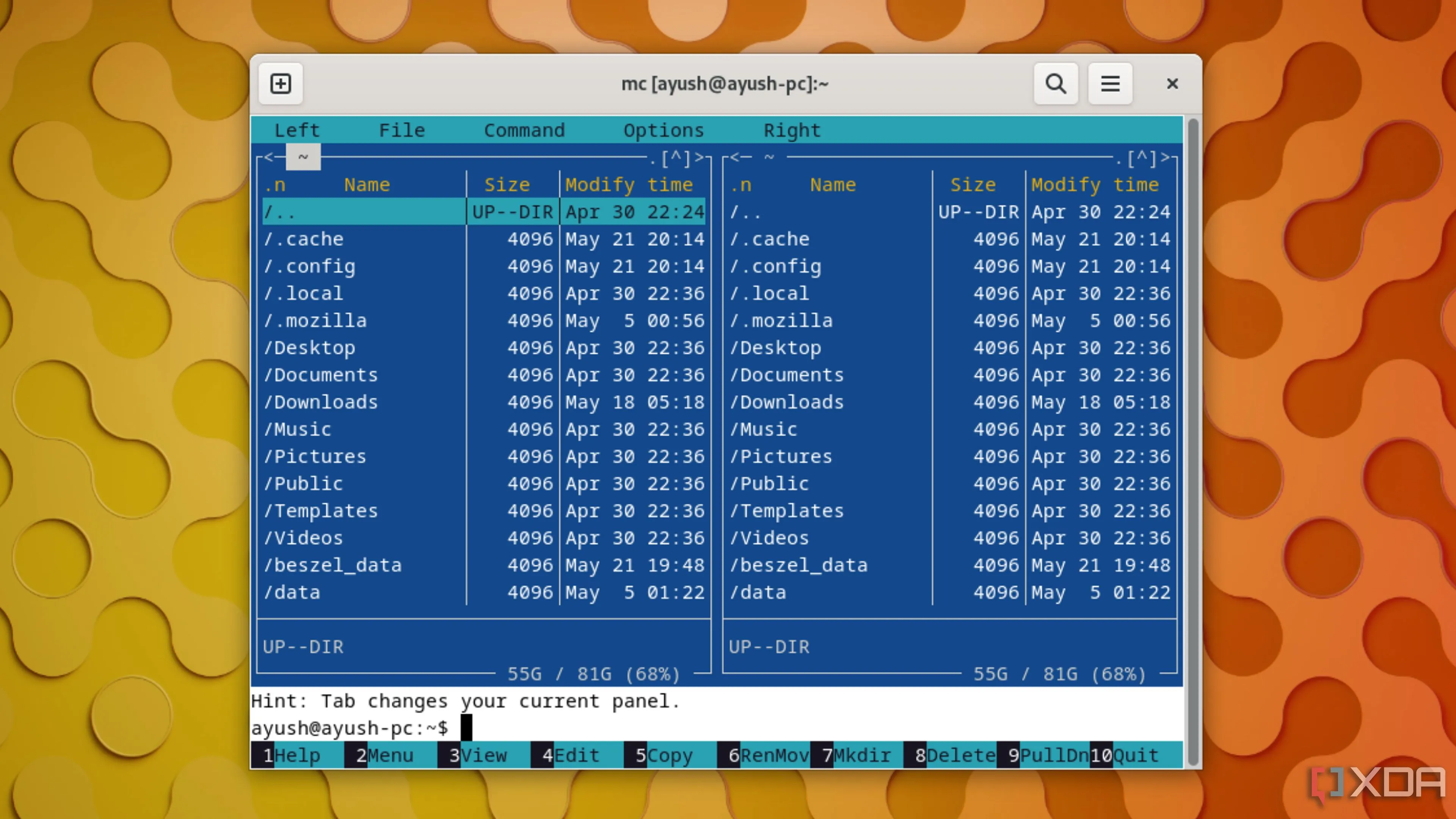 Giao diện Midnight Commander trên môi trường Linux