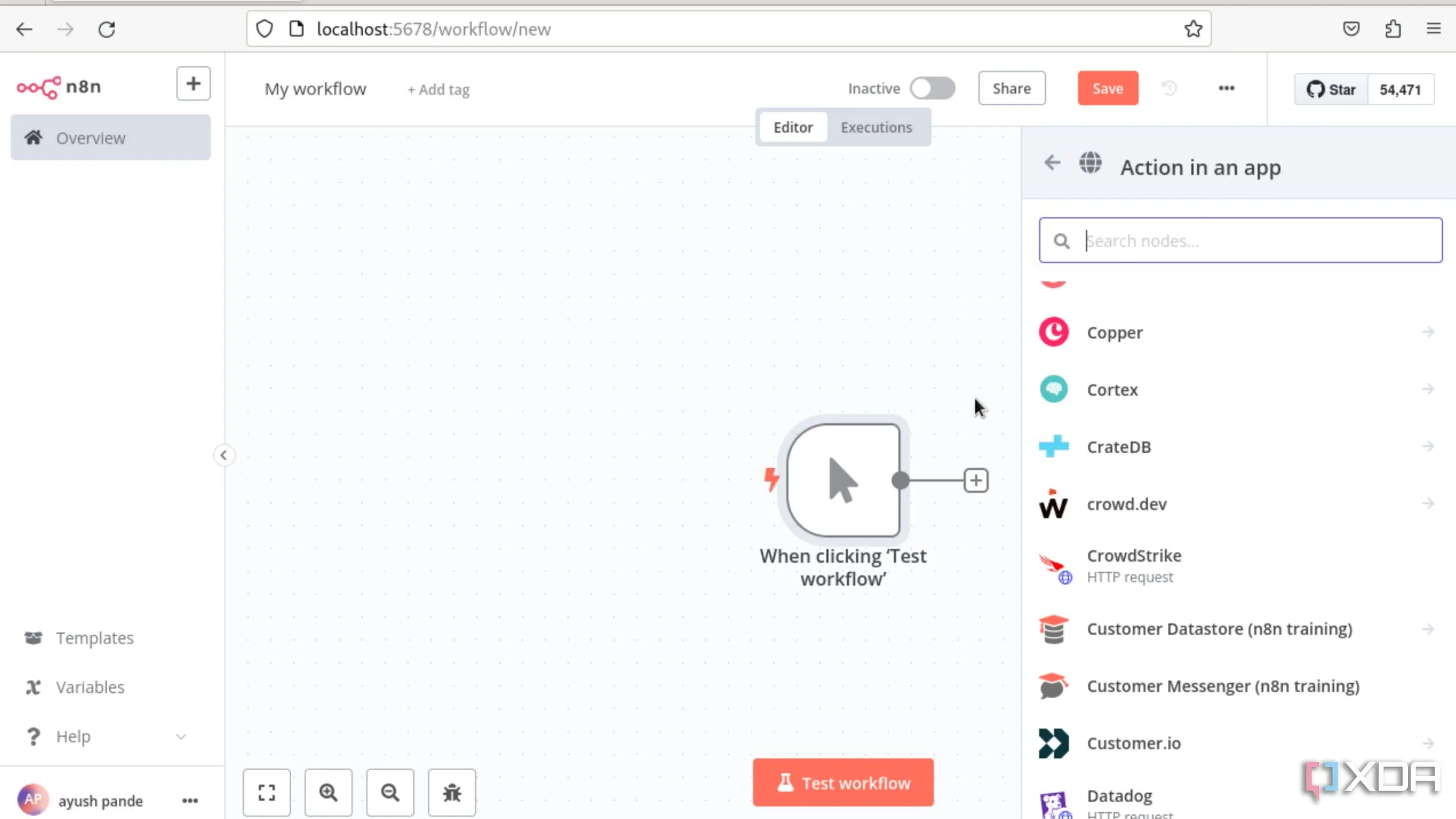 Giao diện n8n với quy trình làm việc (workflow) đang được tạo, thể hiện khả năng tự động hóa của n8n