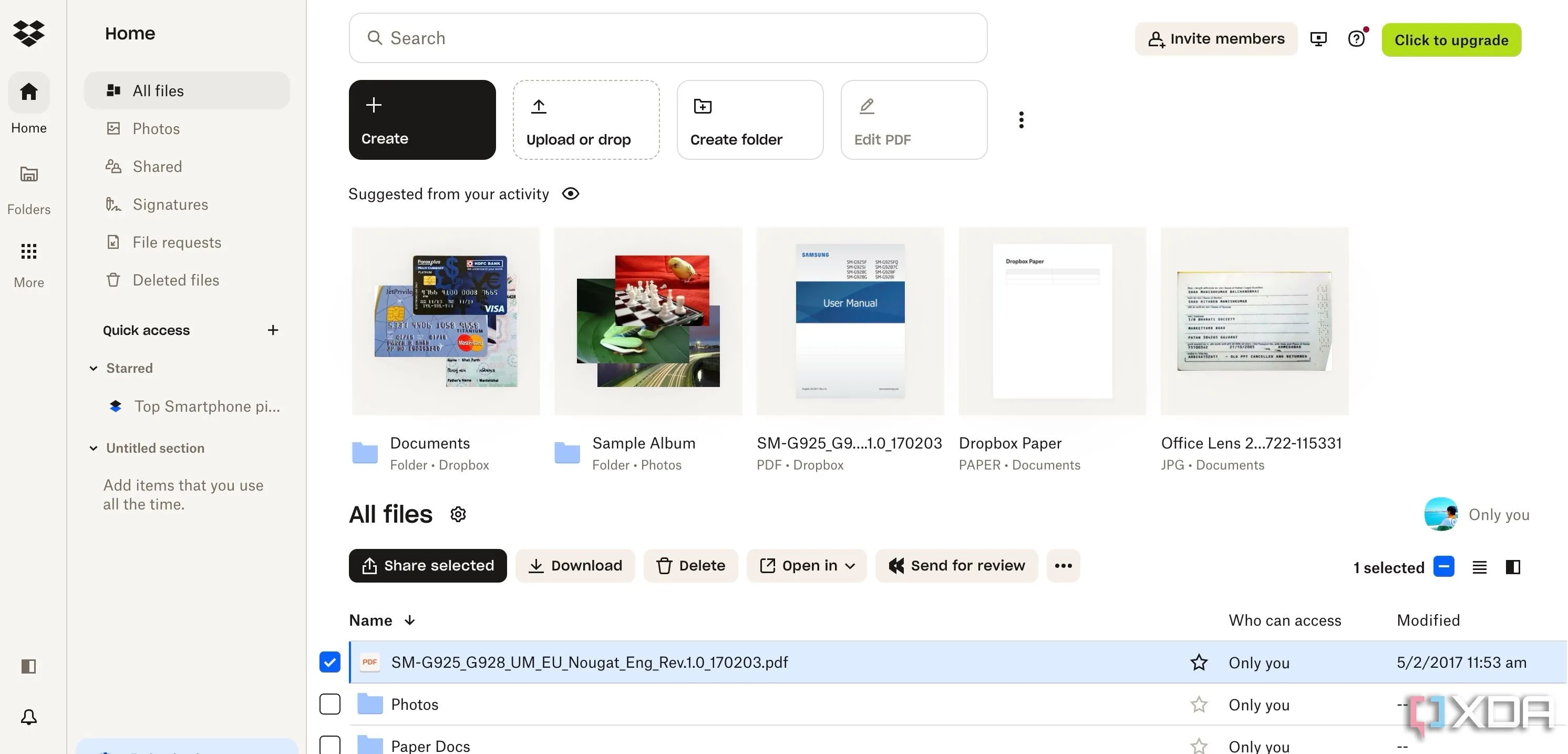 Giao diện người dùng của Dropbox minh họa tính năng chia sẻ tệp dễ dàng
