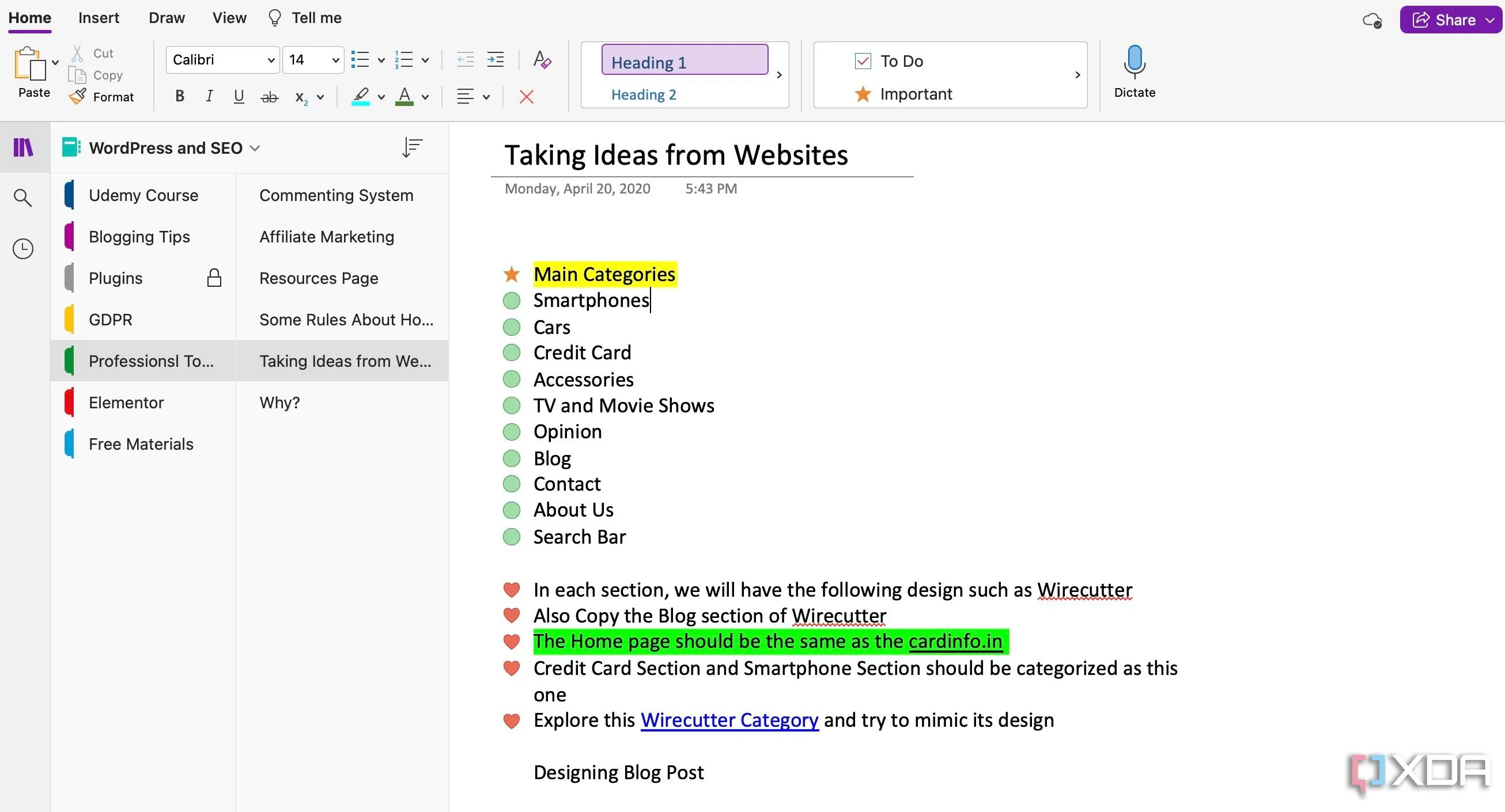 Giao diện người dùng của Microsoft OneNote với các mục và trang