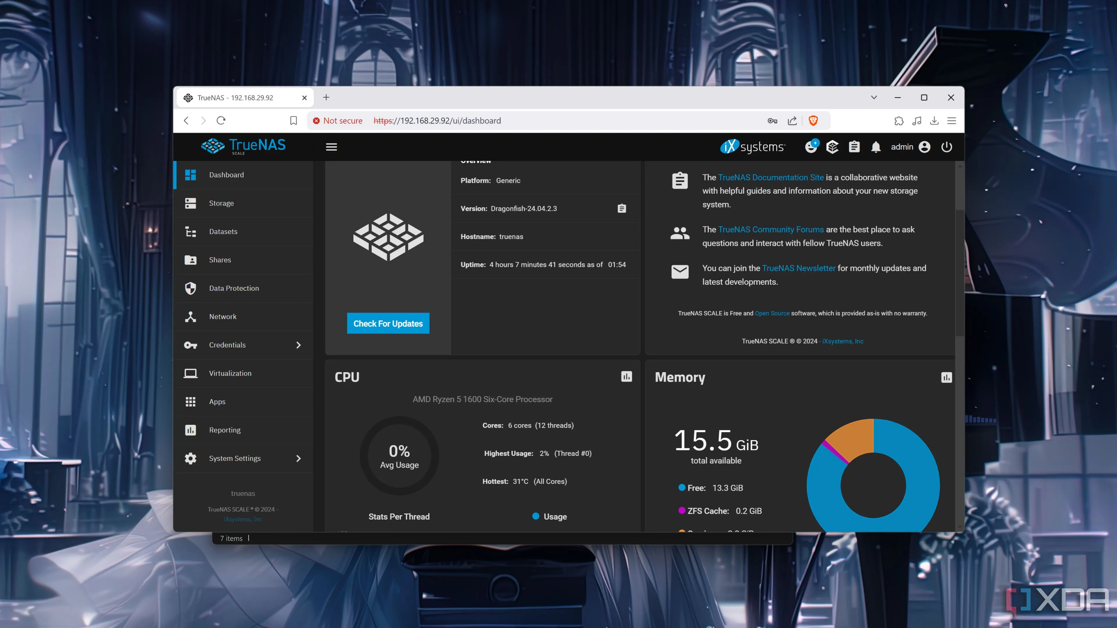 Giao diện người dùng web TrueNAS Scale trên trình duyệt Brave, hiển thị quản lý máy chủ lưu trữ tại nhà