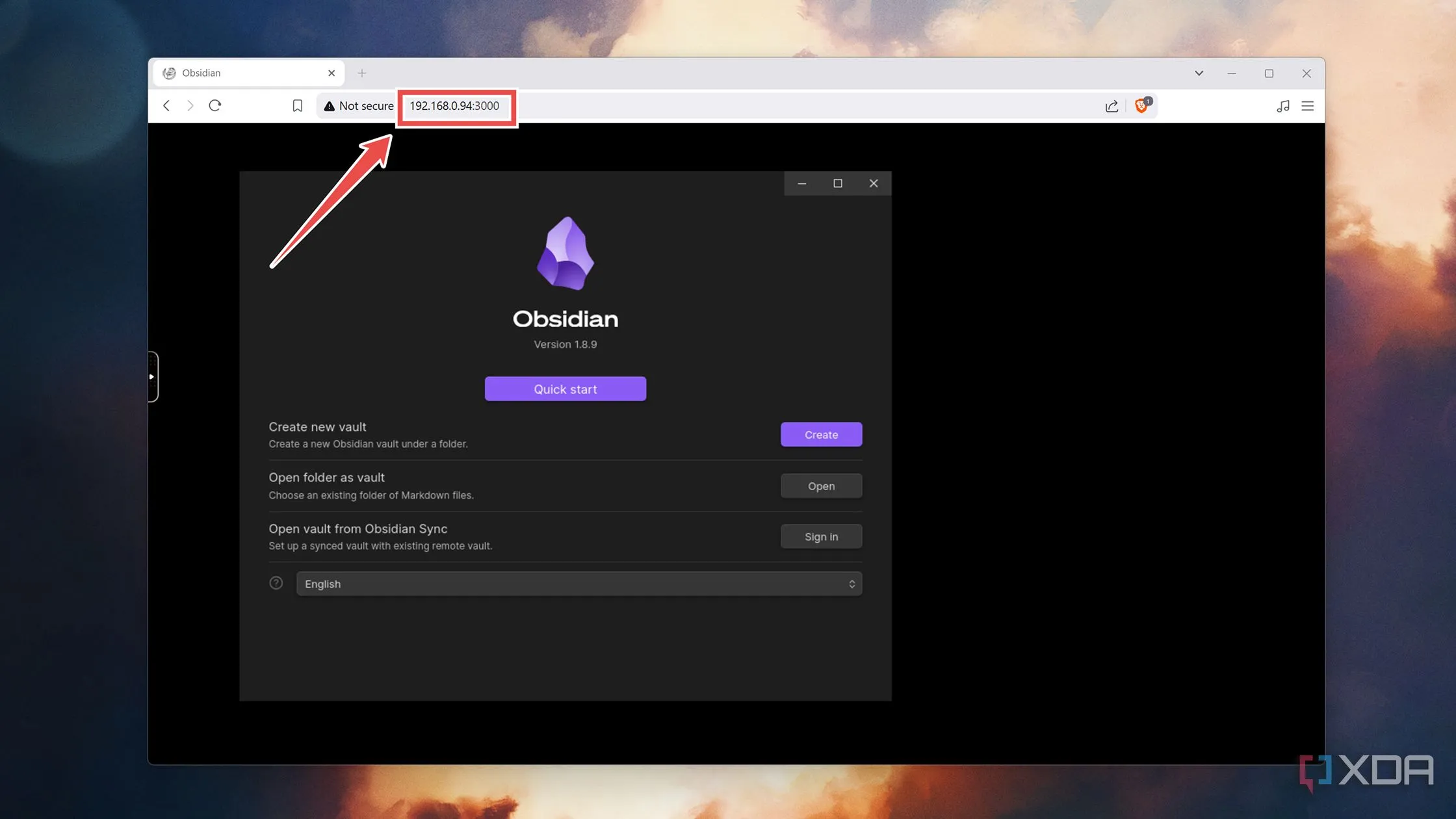 Giao diện người dùng web (UI) của Obsidian sau khi triển khai Docker