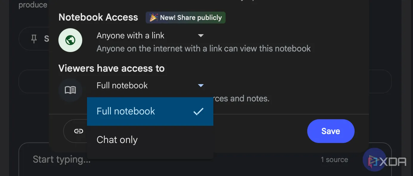 Giao diện NotebookLM cho phép người dùng thiết lập quyền truy cập cho người xem, với các tùy chọn &quot;Full notebook&quot; hoặc &quot;Chat only&quot;.