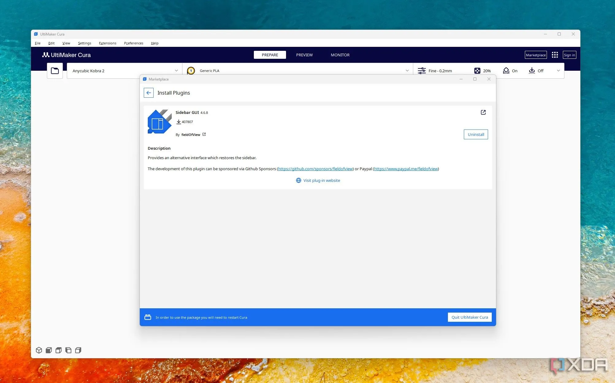 Giao diện phần mềm Cura với plugin Sidebar GUI đã được cài đặt, hiển thị các cài đặt được sắp xếp gọn gàng