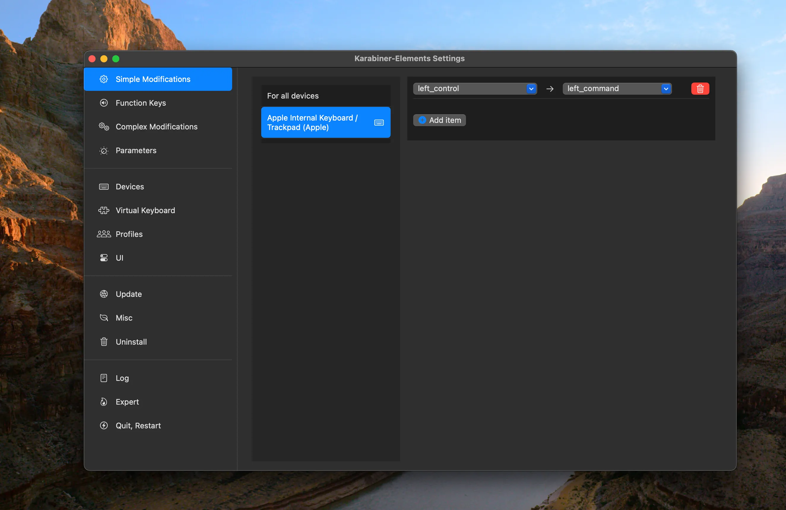 Giao diện phần mềm Karabiner-Elements để tùy chỉnh phím tắt trên macOS