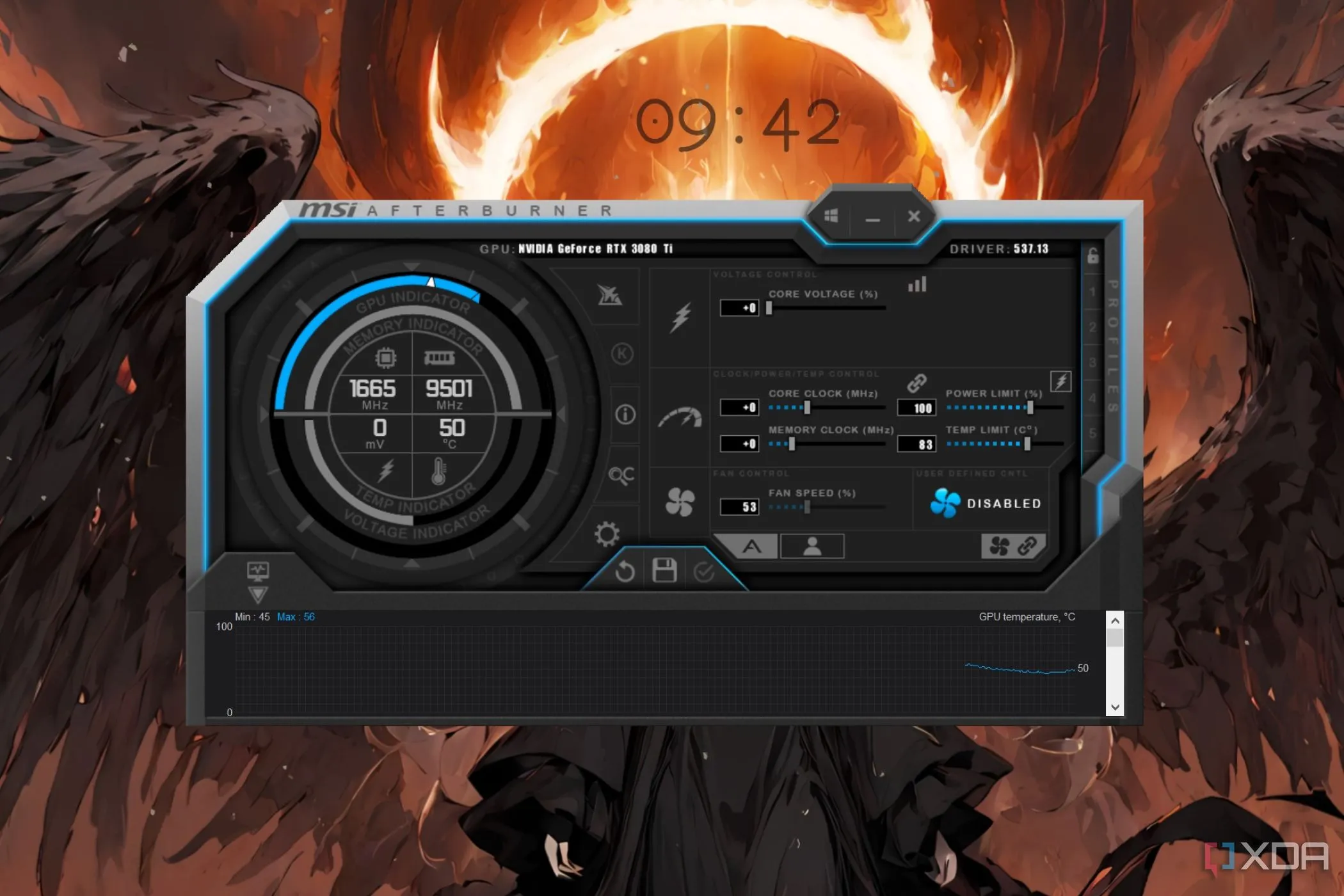 Giao diện phần mềm MSI Afterburner, hiển thị các tùy chọn điều chỉnh giới hạn công suất và ép xung GPU.