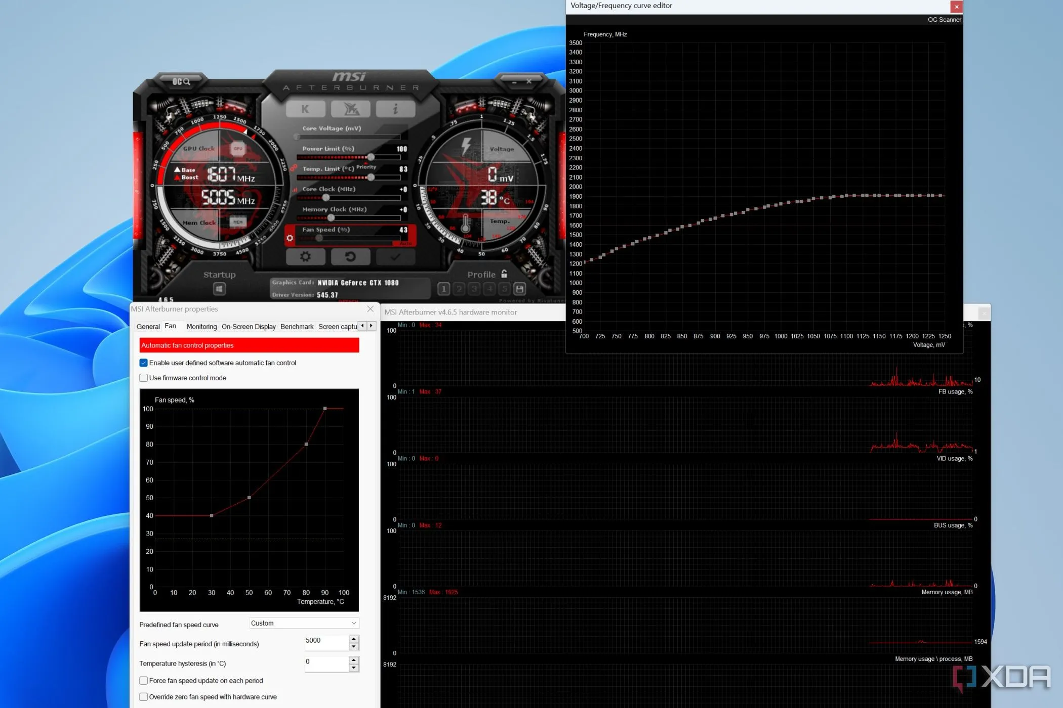 Giao diện phần mềm MSI Afterburner với các cài đặt quạt và thông số giám sát phần cứng