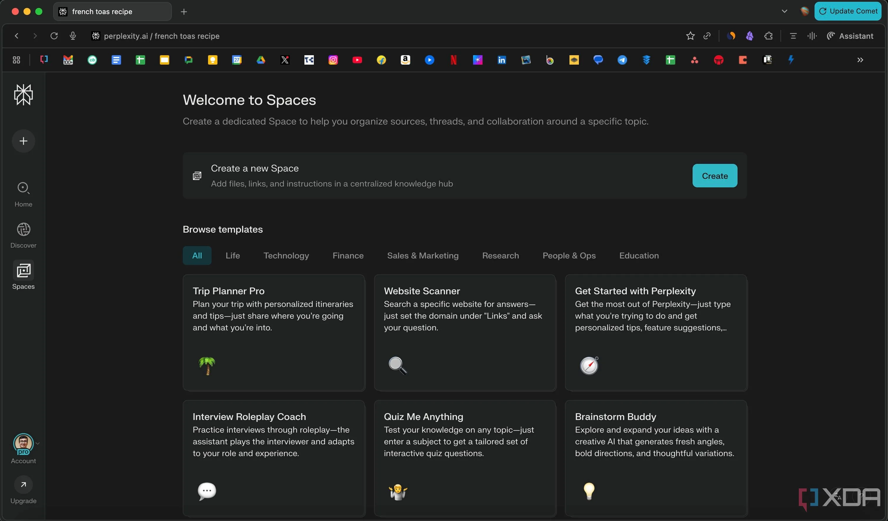 Giao diện phần Spaces trong trình duyệt Comet của Perplexity, thể hiện cách tổ chức không gian làm việc