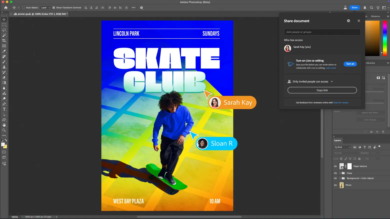Giao diện Photoshop hiển thị tính năng Live Co-Editing với nhiều người dùng cùng chỉnh sửa trên một canvas