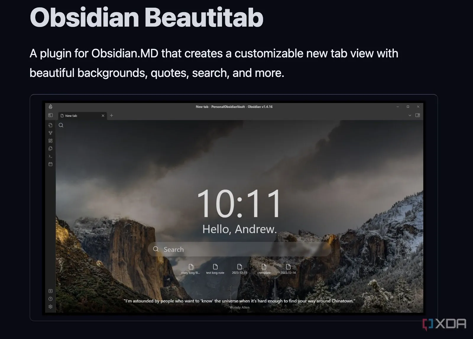 Giao diện plugin Beautitab trên Obsidian với các mục như Recent Notes, Bookmarks và thanh tìm kiếm, minh họa tính năng trang chủ
