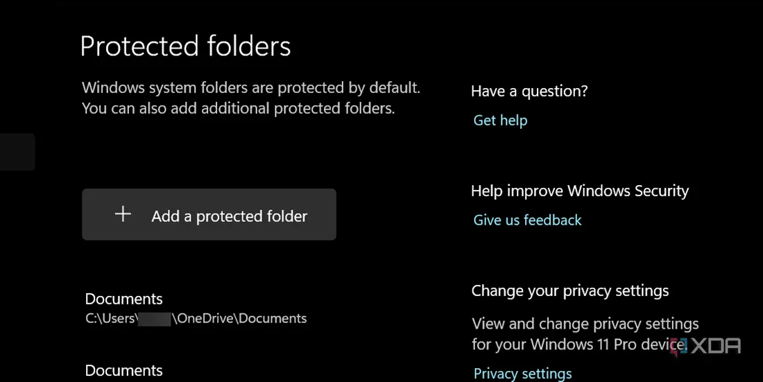 Giao diện Protected folders trong Controlled Folder Access hiển thị các thư mục hệ thống được bảo vệ mặc định trên Windows