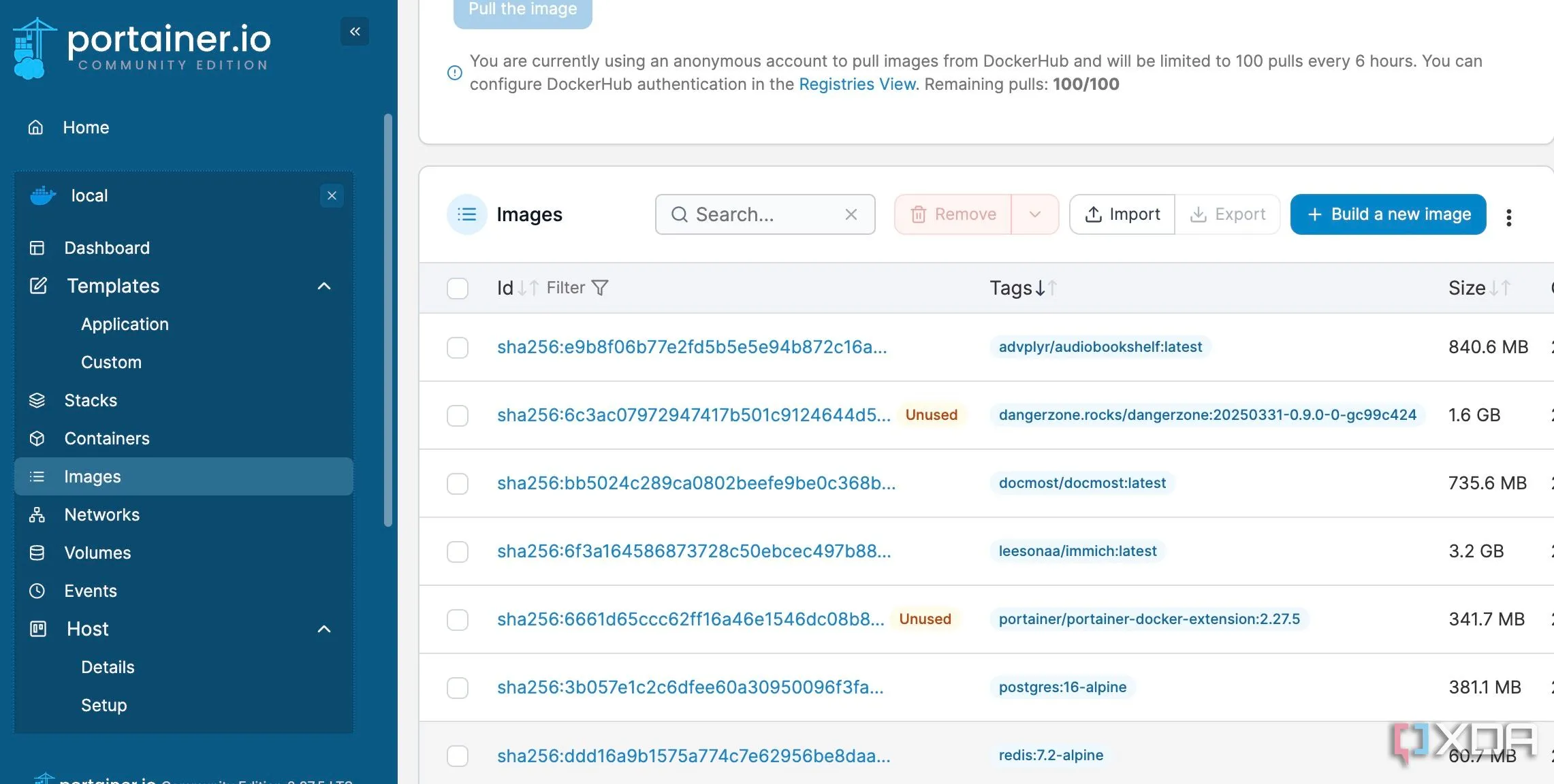 Giao diện quản lý Image Docker trong Portainer, hiển thị danh sách và chi tiết ảnh