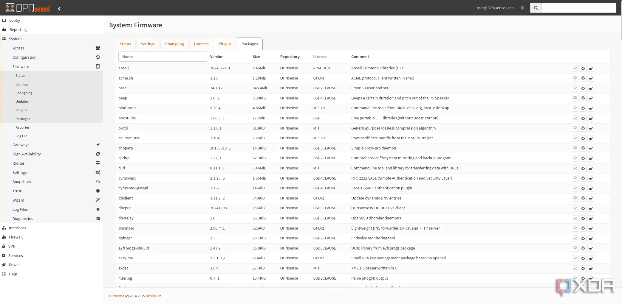 Giao diện quản lý OPNsense hiển thị danh sách các gói (plugins)