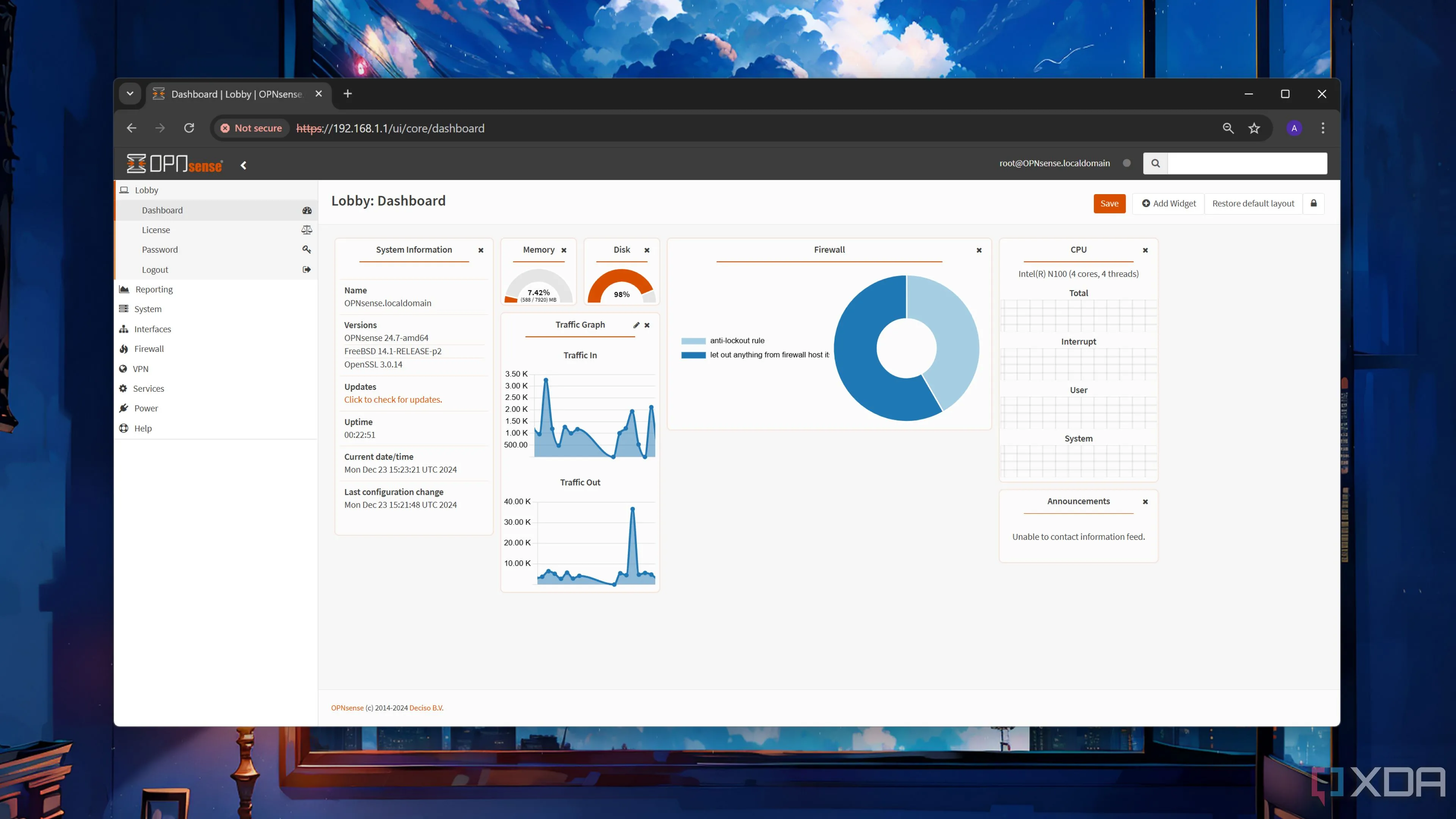 Giao diện quản lý OPNsense, thể hiện khả năng giám sát và cấu hình firewall cứng