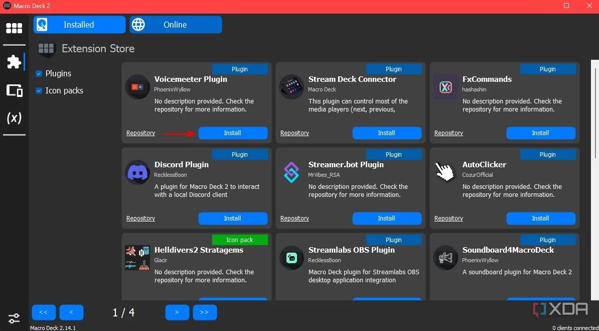 Giao diện quản lý Plugins trực tuyến trong Macro Deck, hiển thị danh sách các plugin có sẵn để cài đặt, giúp mở rộng chức năng điều khiển Stream Deck thông qua điện thoại.
