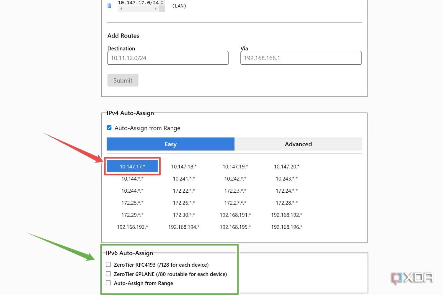 Giao diện quản lý ZeroTier hiển thị các tùy chọn tự động gán địa chỉ IPv4 và IPv6