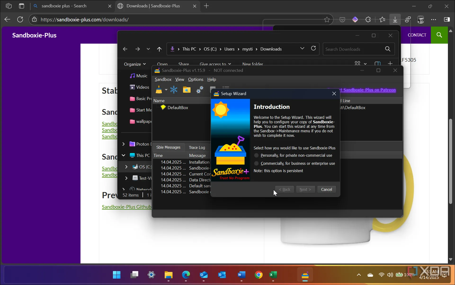 Giao diện Sandboxie Plus đang hoạt động trên Windows 11, cung cấp môi trường kiểm thử phần mềm an toàn