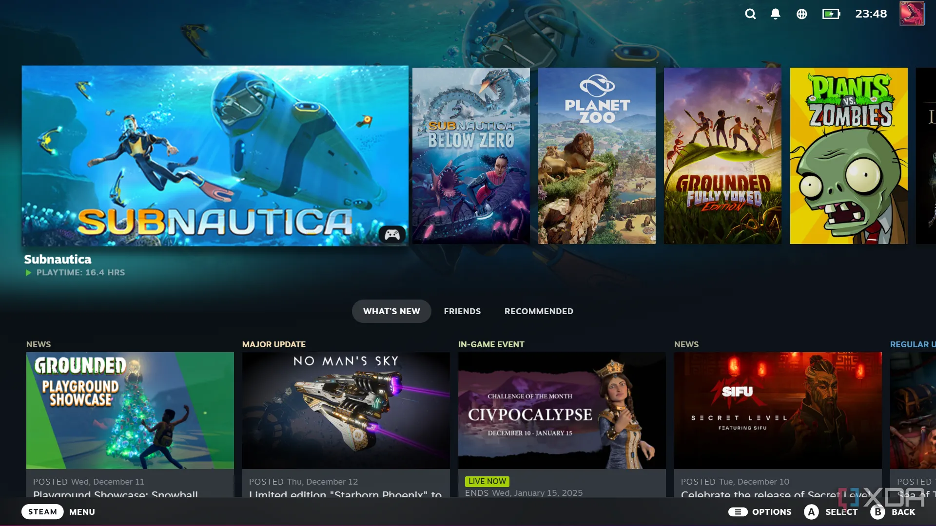 Giao diện Steam Big Picture Mode thân thiện với người dùng trên TV, giúp người dùng dễ dàng điều hướng bằng tay cầm khi chơi game retro
