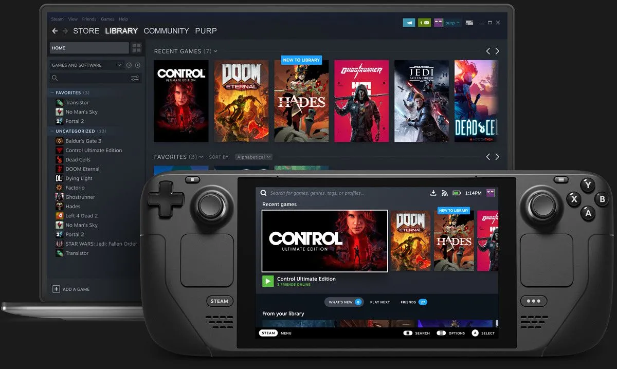 Giao diện Steam trên laptop và SteamOS trên Steam Deck, minh họa sự tiện lợi của PC gaming di động.