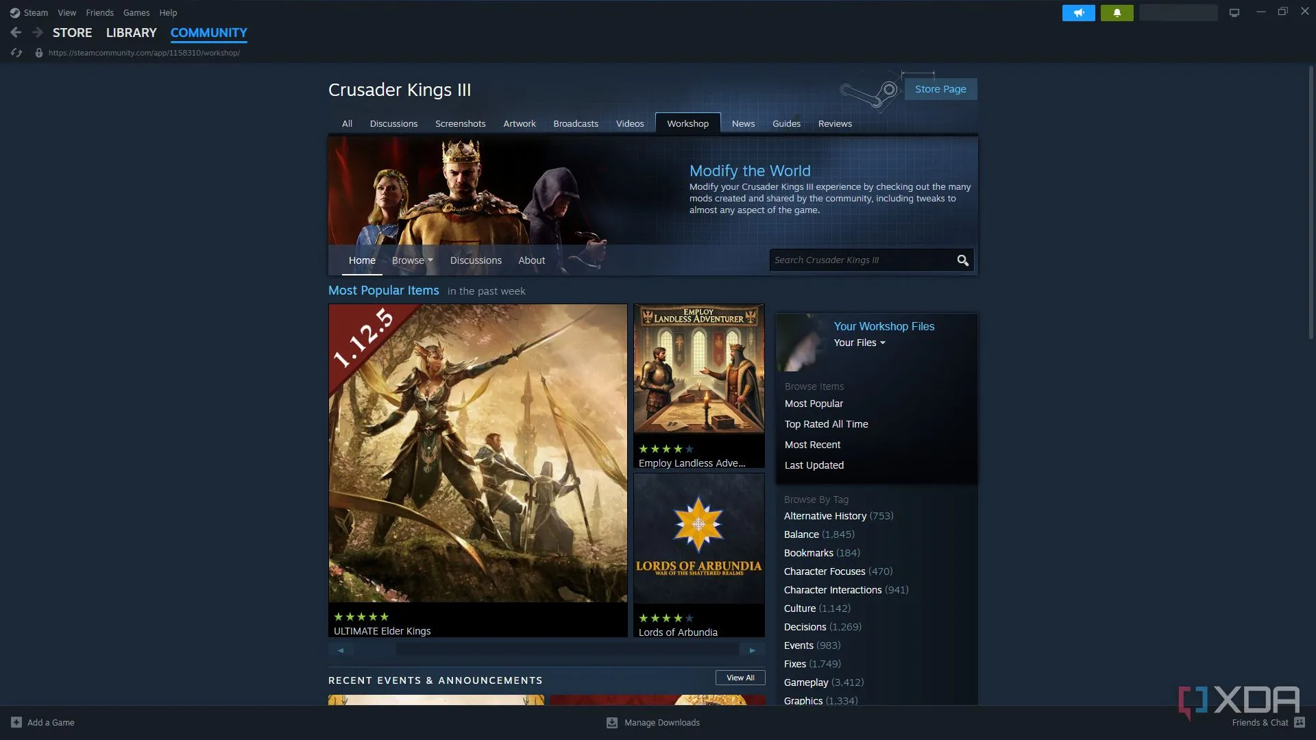 Giao diện Steam Workshop của trò chơi Crusader Kings 3, minh họa khả năng mod game trên Steam