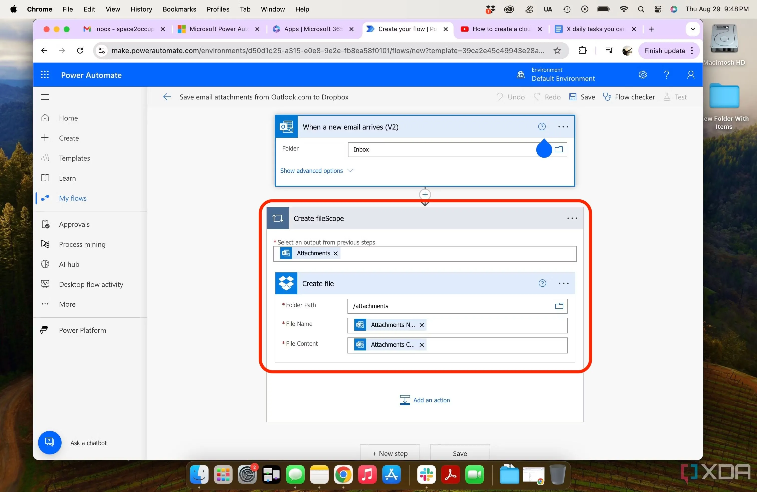 Giao diện tạo Flow trong Power Automate để tự động tải tệp đính kèm từ Outlook về Dropbox