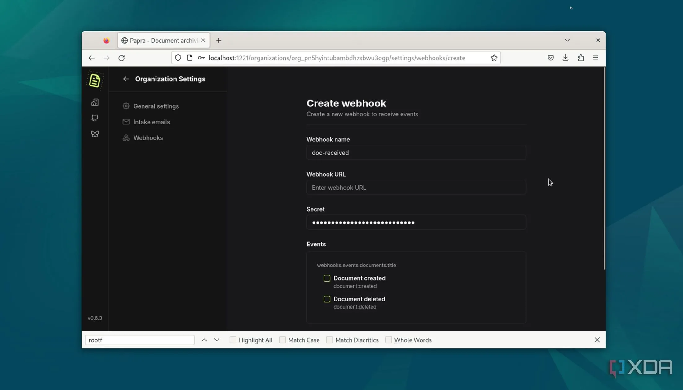 Giao diện tạo webhook trong Papra minh họa tính năng tự động hóa