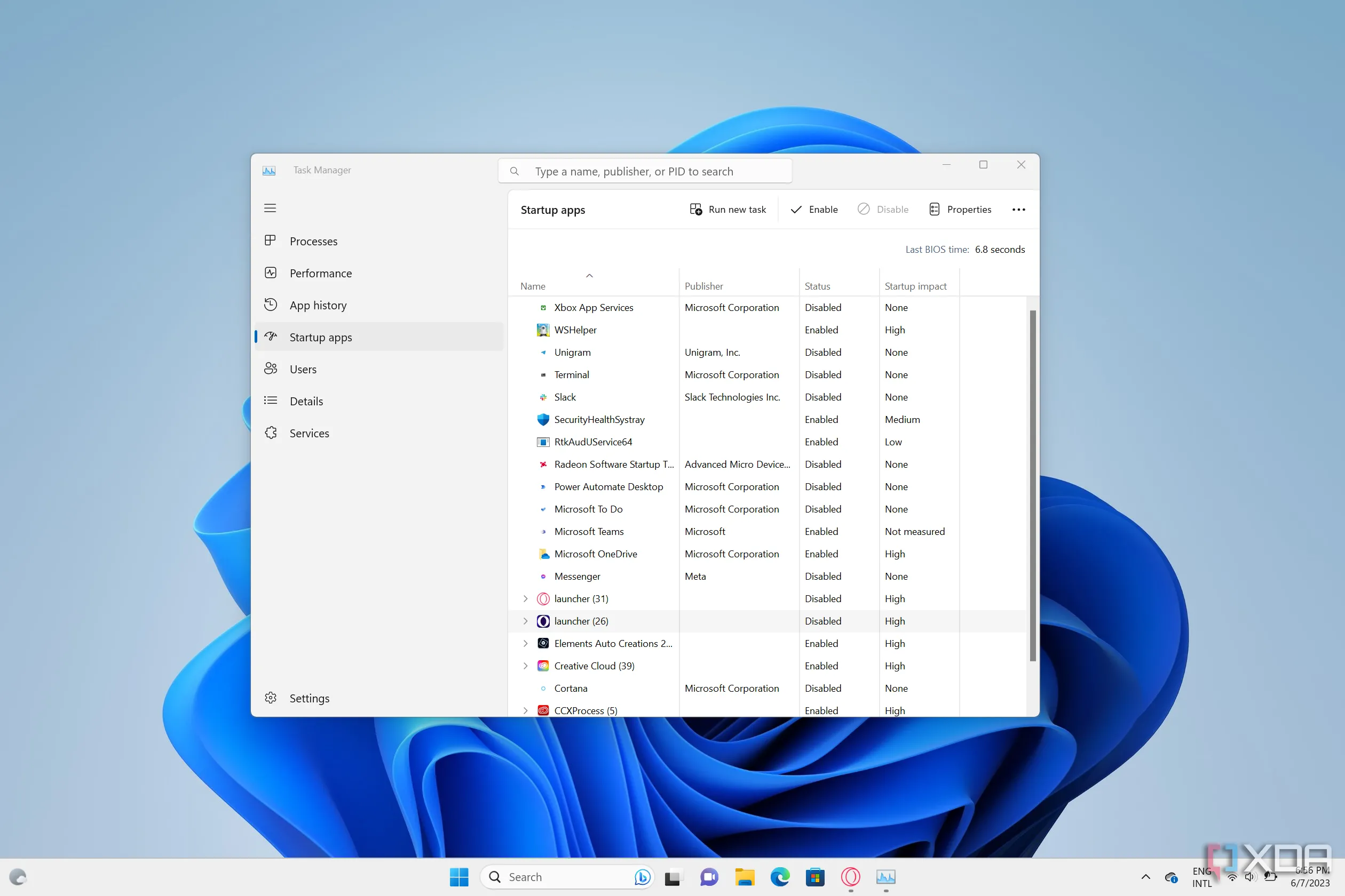 Giao diện Task Manager trên Windows 11 hiển thị danh sách các ứng dụng khởi động