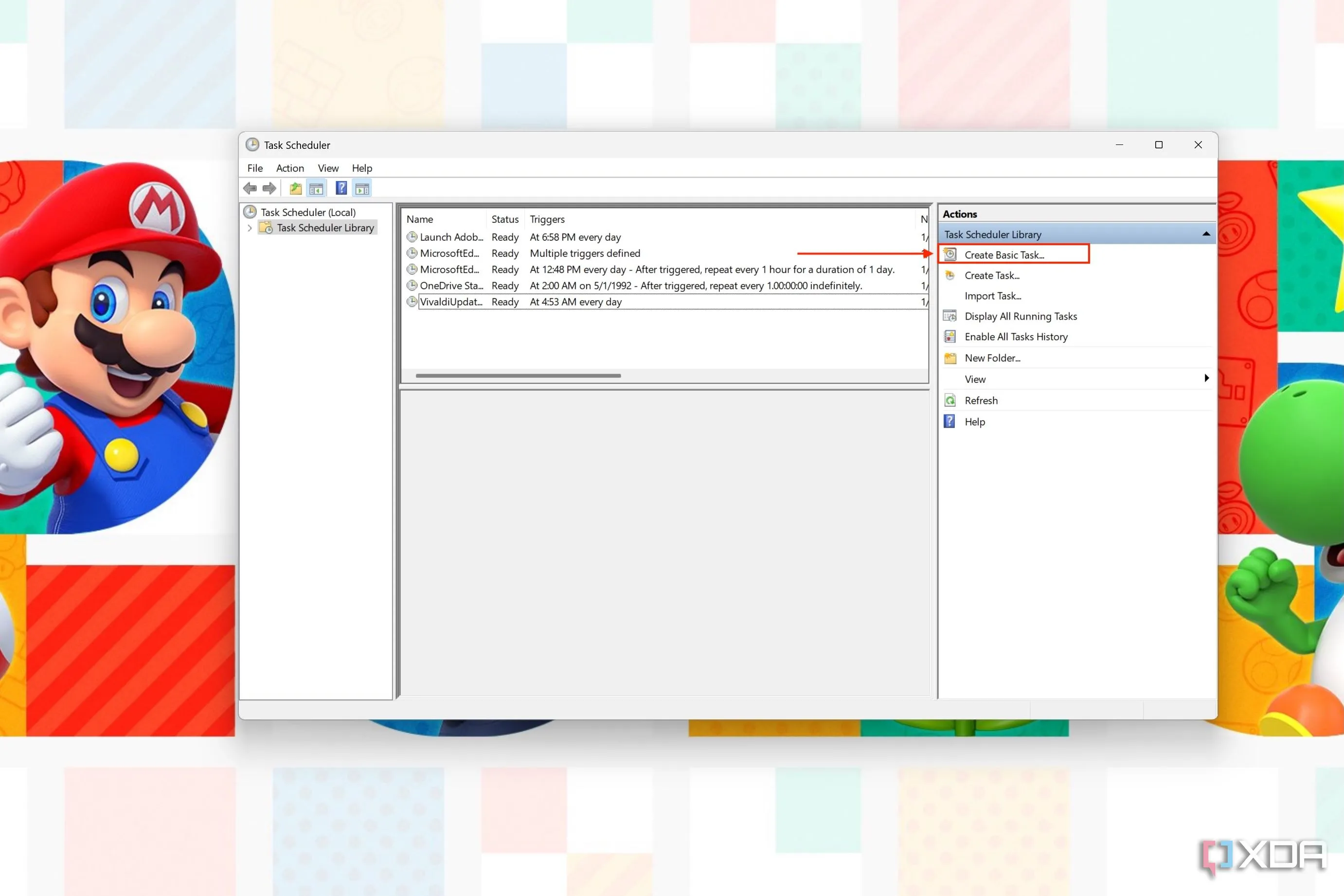 Giao diện Task Scheduler với nút Create Basic Task được đánh dấu để tạo tác vụ cơ bản