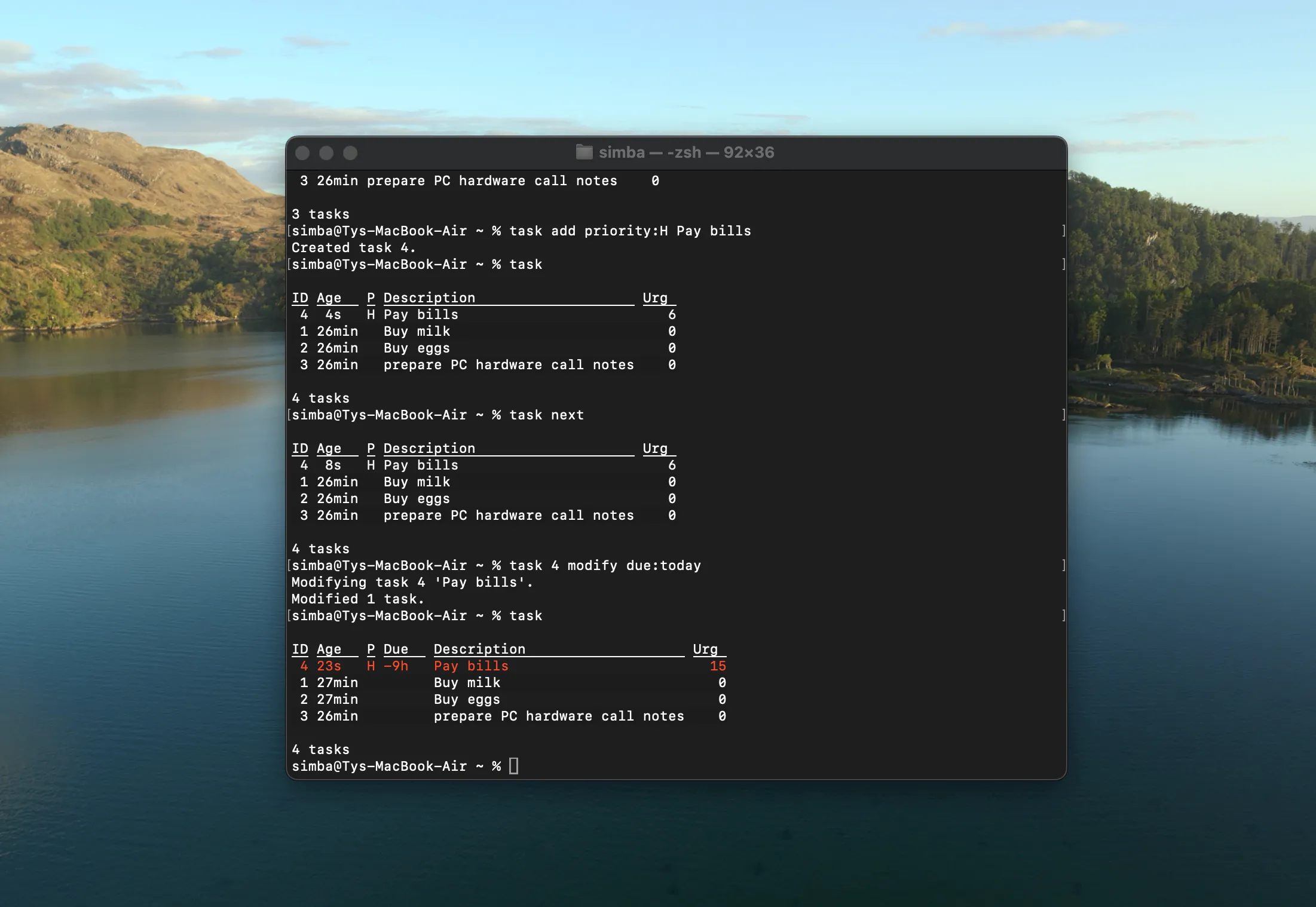 Giao diện Taskwarrior trên macOS thể hiện tính năng quản lý tác vụ qua dòng lệnh