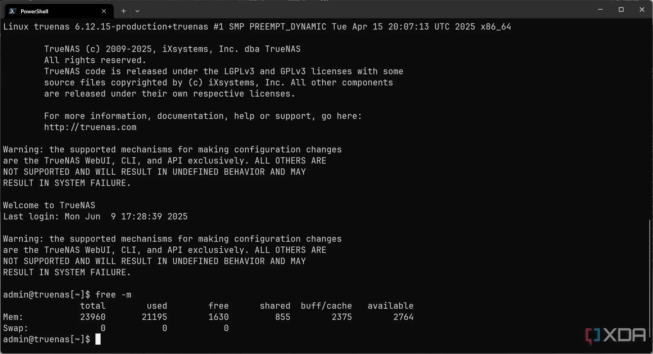 Giao diện Terminal hiển thị lệnh 'free -m' trên Linux với các cột 'total', 'used', 'free', 'shared', 'buff/cache', 'available'