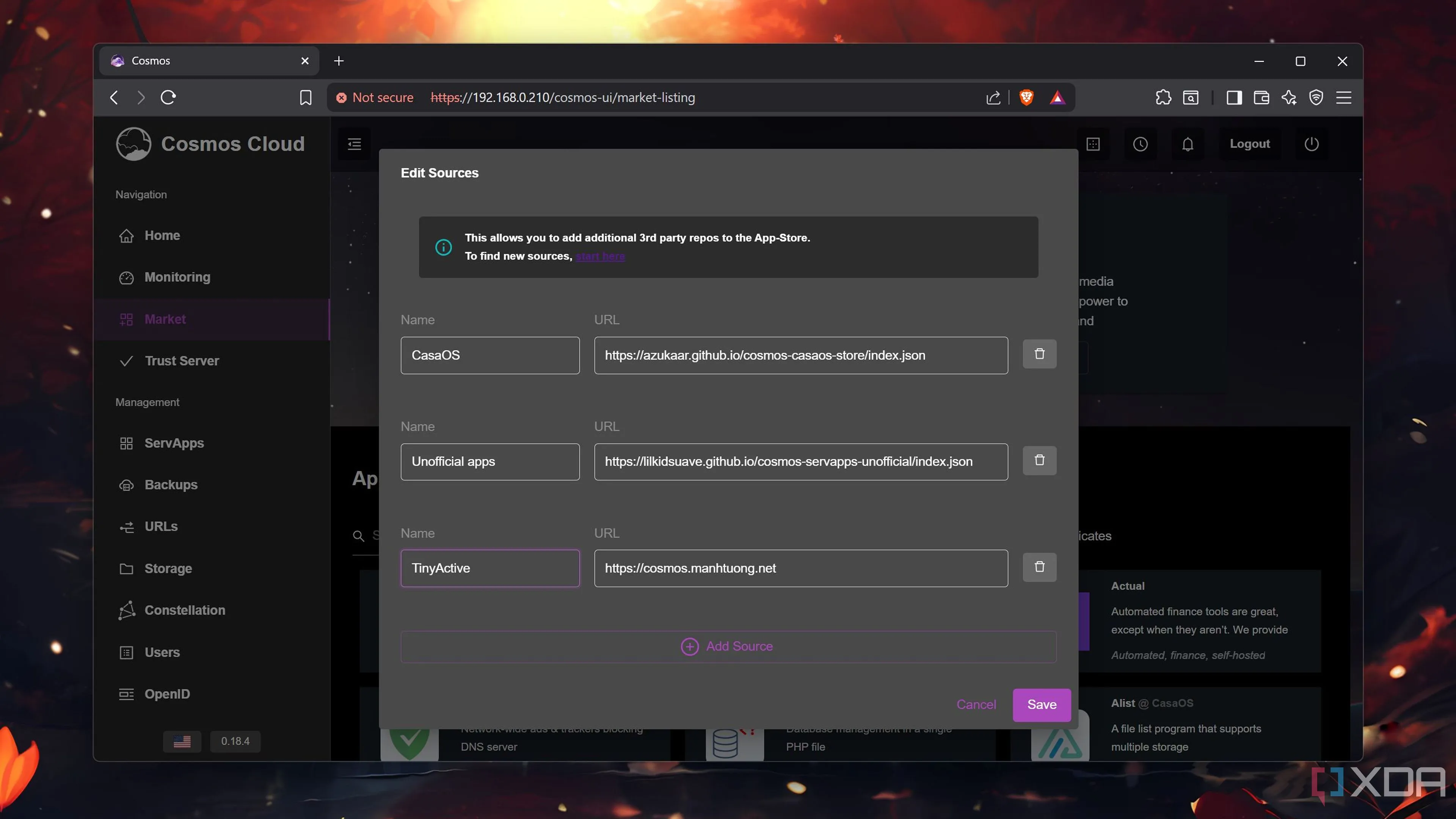 Giao diện thêm các nguồn ứng dụng mới vào kho Market của Cosmos Server