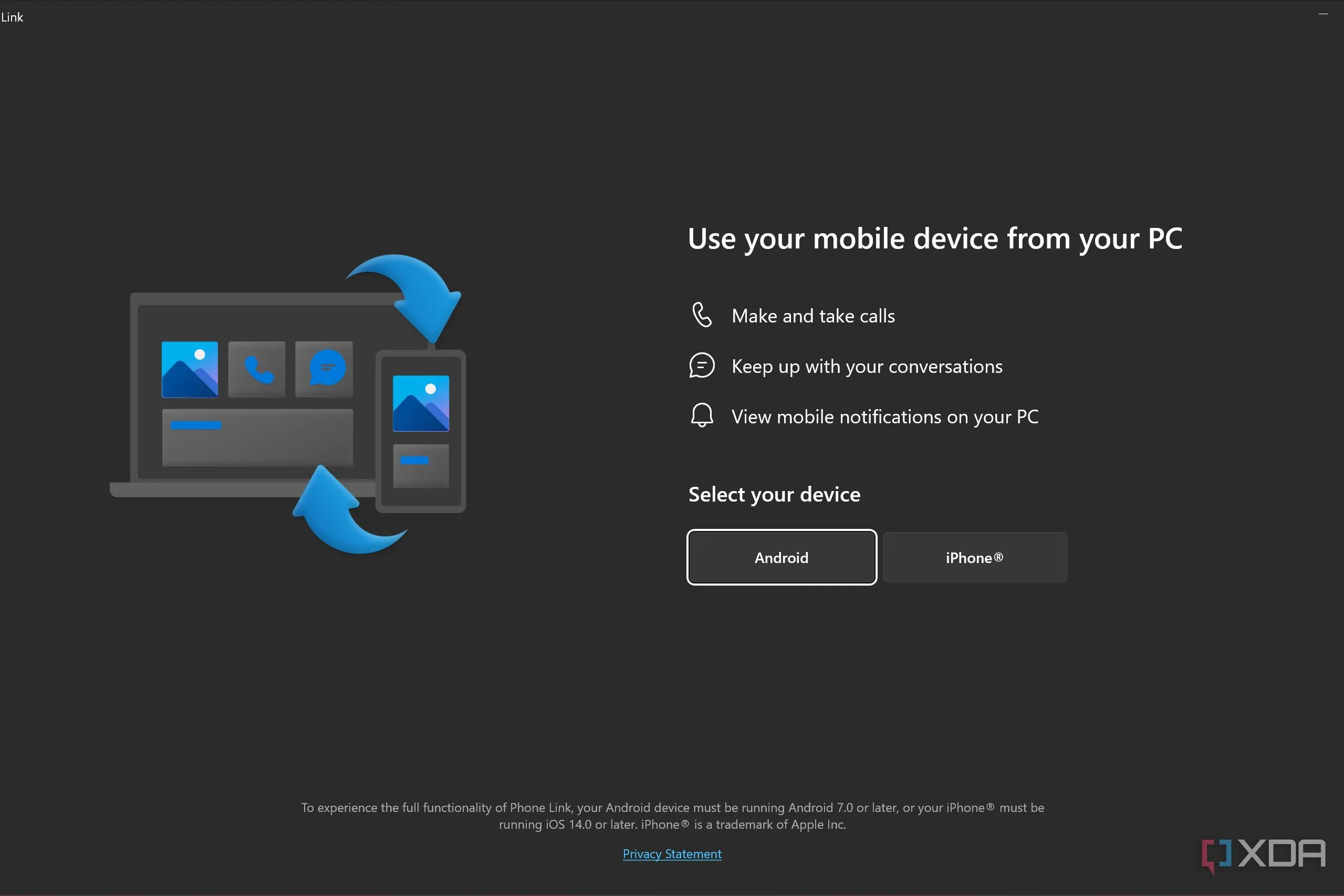 Giao diện thiết lập Microsoft Phone Link cho iPhone trên Windows 11