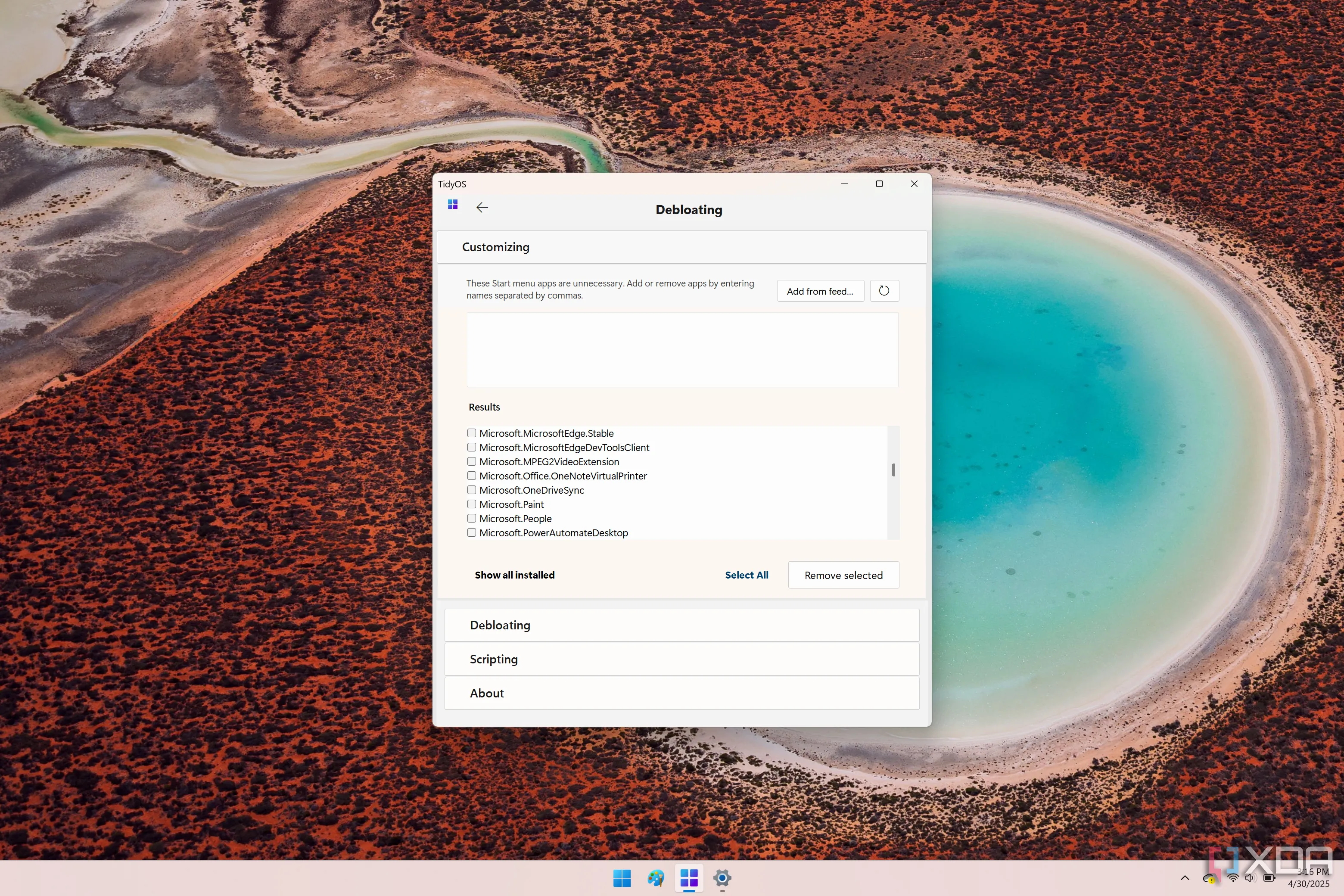 Giao diện TidyOS Debloating hiển thị đầy đủ danh sách các ứng dụng có thể gỡ bỏ trên Windows 11