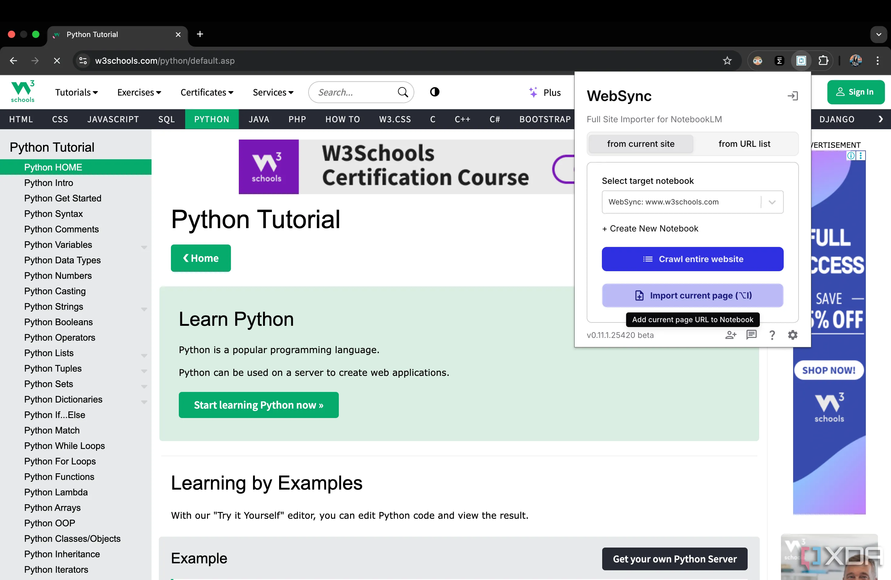 Giao diện tiện ích WebSync trên Chrome cho phép nhập trang web hiện tại vào NotebookLM