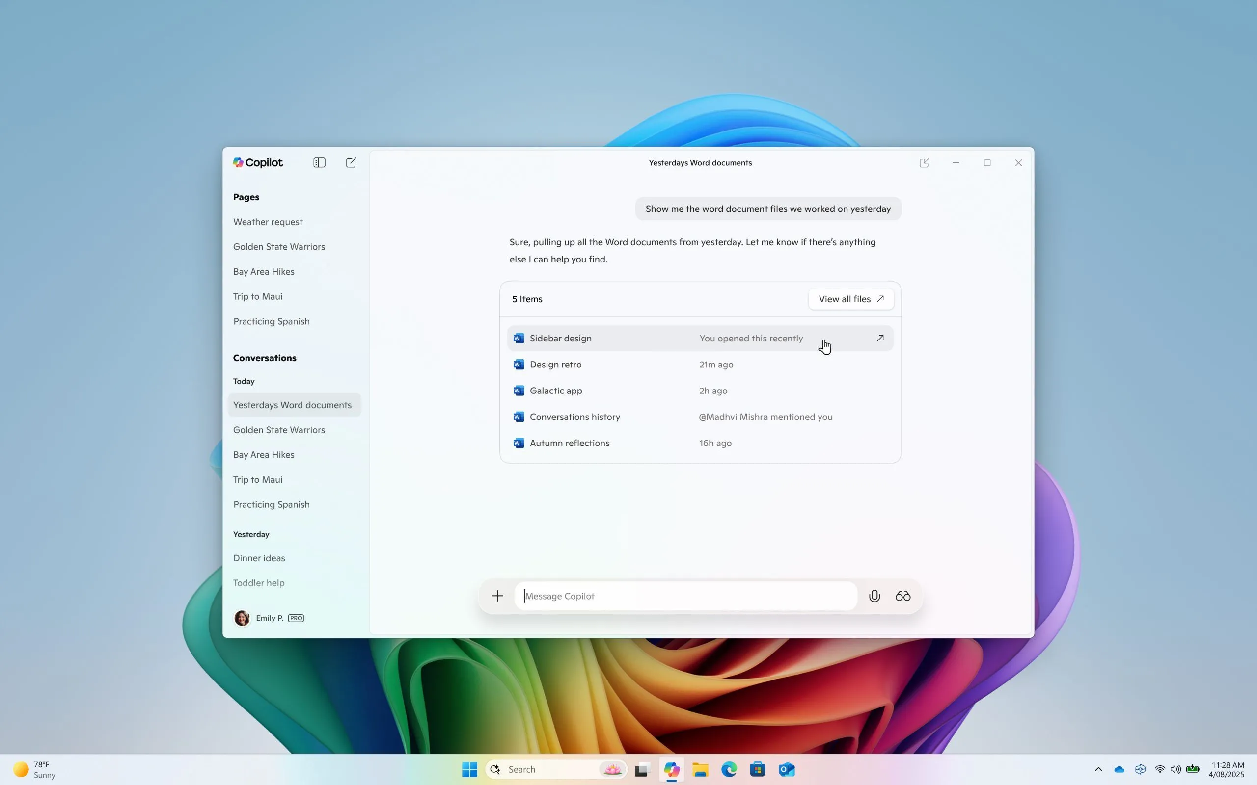 Giao diện tìm kiếm tệp tin qua Microsoft Copilot trên Windows, hiển thị kết quả tìm kiếm và hộp thoại chat.