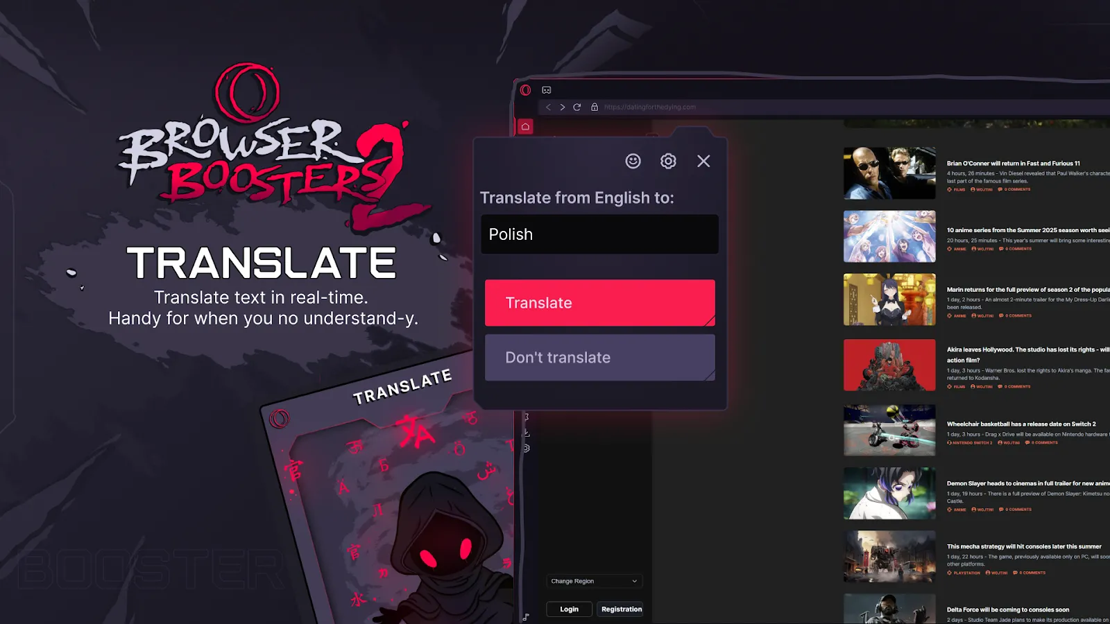 Giao diện tính năng dịch thuật Opera Translate tích hợp trực tiếp trong trình duyệt Opera One hoặc Opera GX